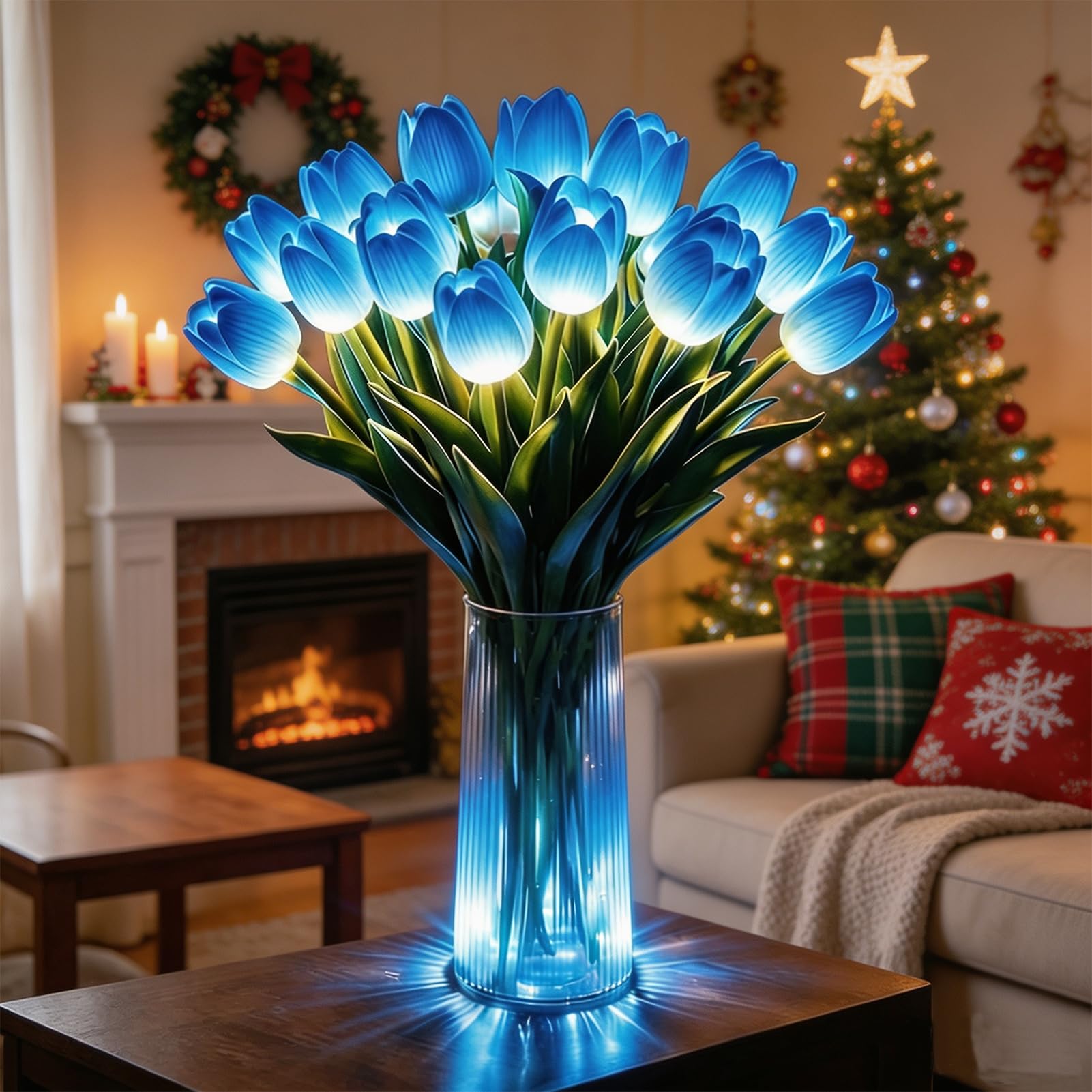 2027 Upgrade Radiant Romantic Tulip Light, 10/15PCS Tulip Lamp Artificial Magical Meadow Flowers with Vase, for Christmas & Halloween,Home Decor and Wedding Anniversary (Blue,15*Flowers Without Vase)