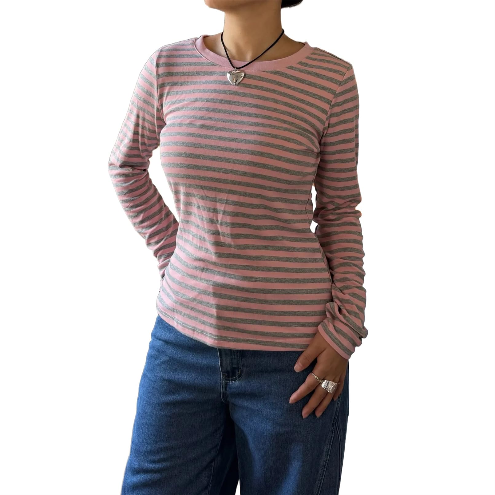 Women Y2k Crew Neck Striped T Shirt Vintage Harajuku Long Sleeve Slim Fitted Tee Top Teen Girl Going Out Fall Clothes