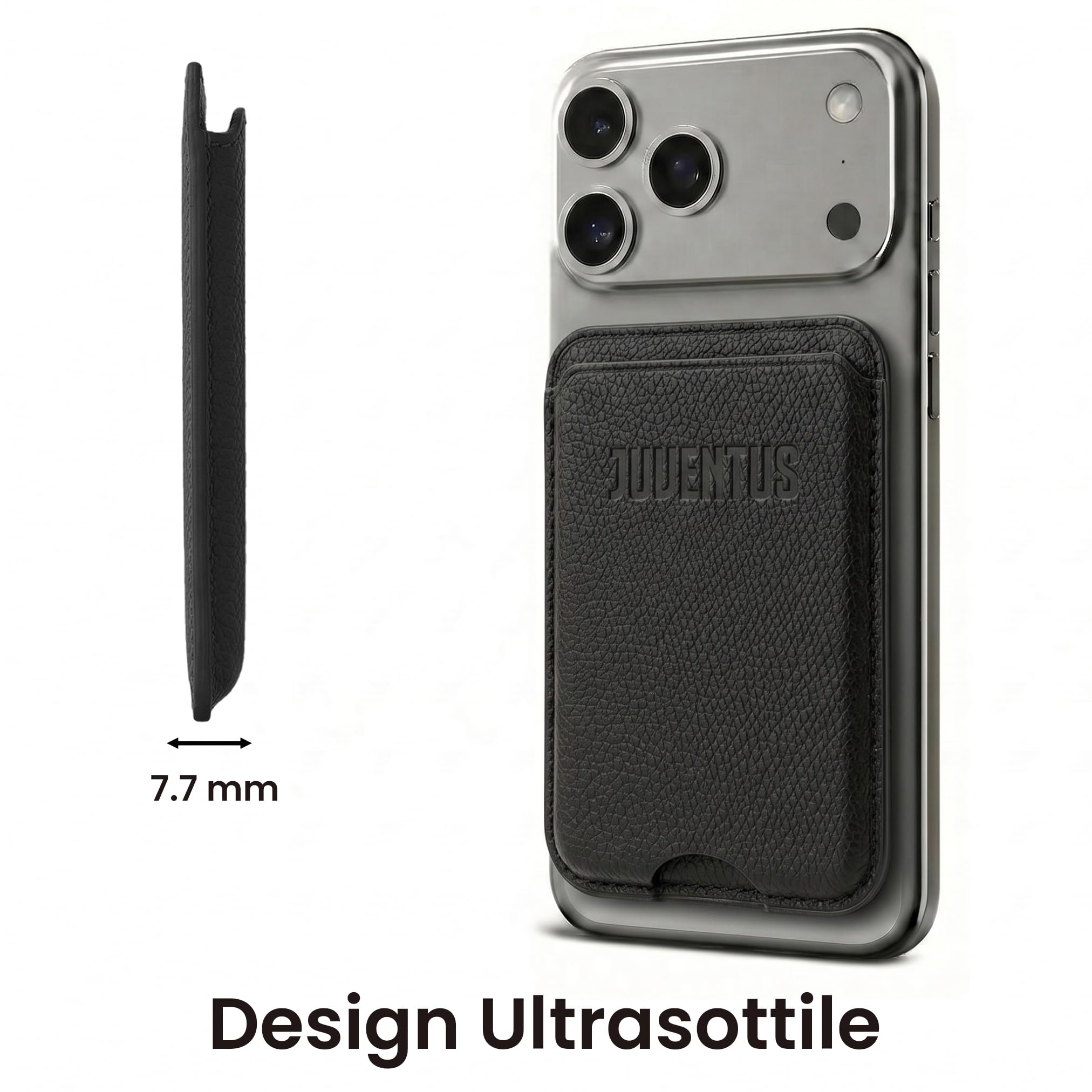 TECHMADE Juventus Portacarte Compatibile MagSafe per iPhone, Anello Adattatore Incluso - Spazio per 3 Carte o Contanti, Sistema di Estrazione Rapida - Blocco RFID, in Eco-Pelle Vegana (NERO)