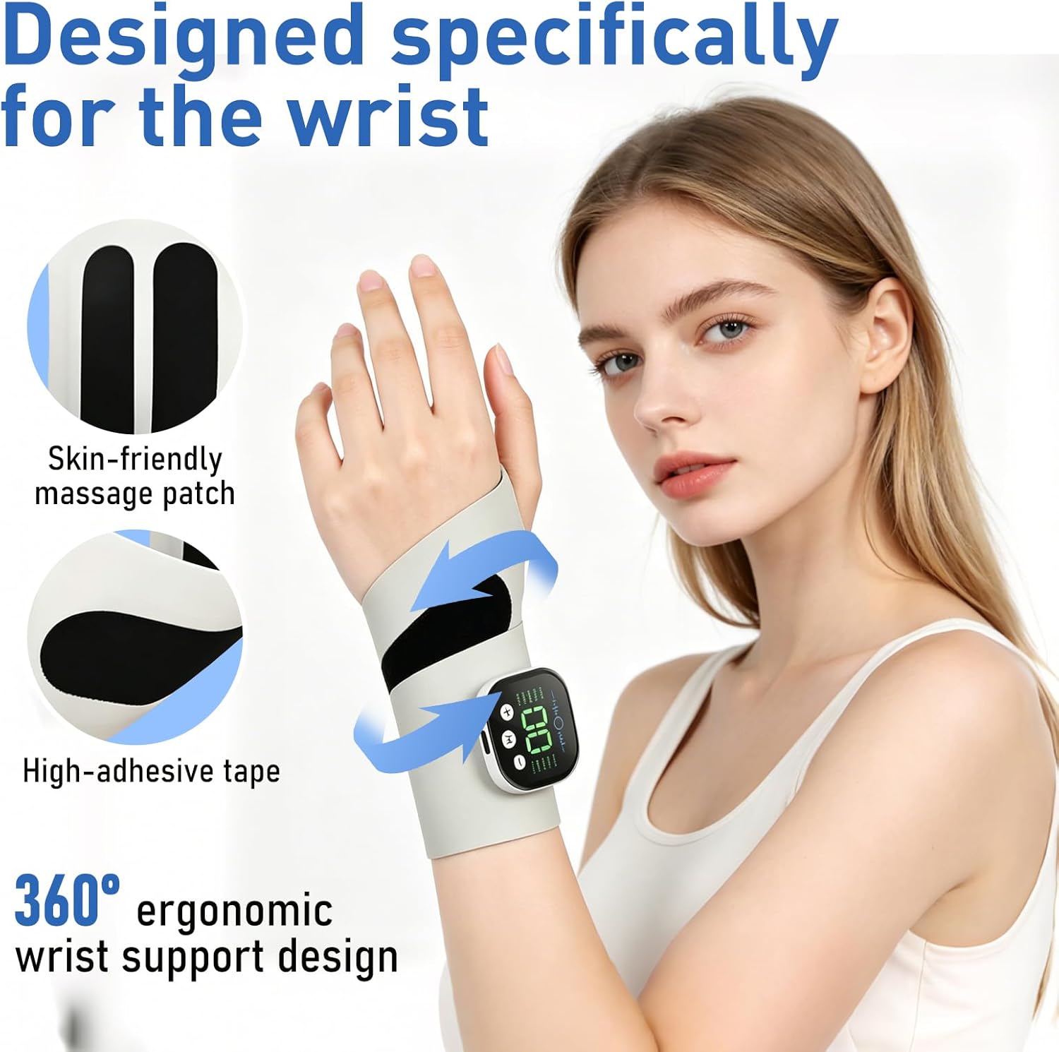 Rechargeable Adjustable Electric Hand Massager, Portable Cordless Hand Heating Pad with 10 Modes, 29 Intensity Levels, Magnetic Detachable Host for Daily, Relax and Sports (White)