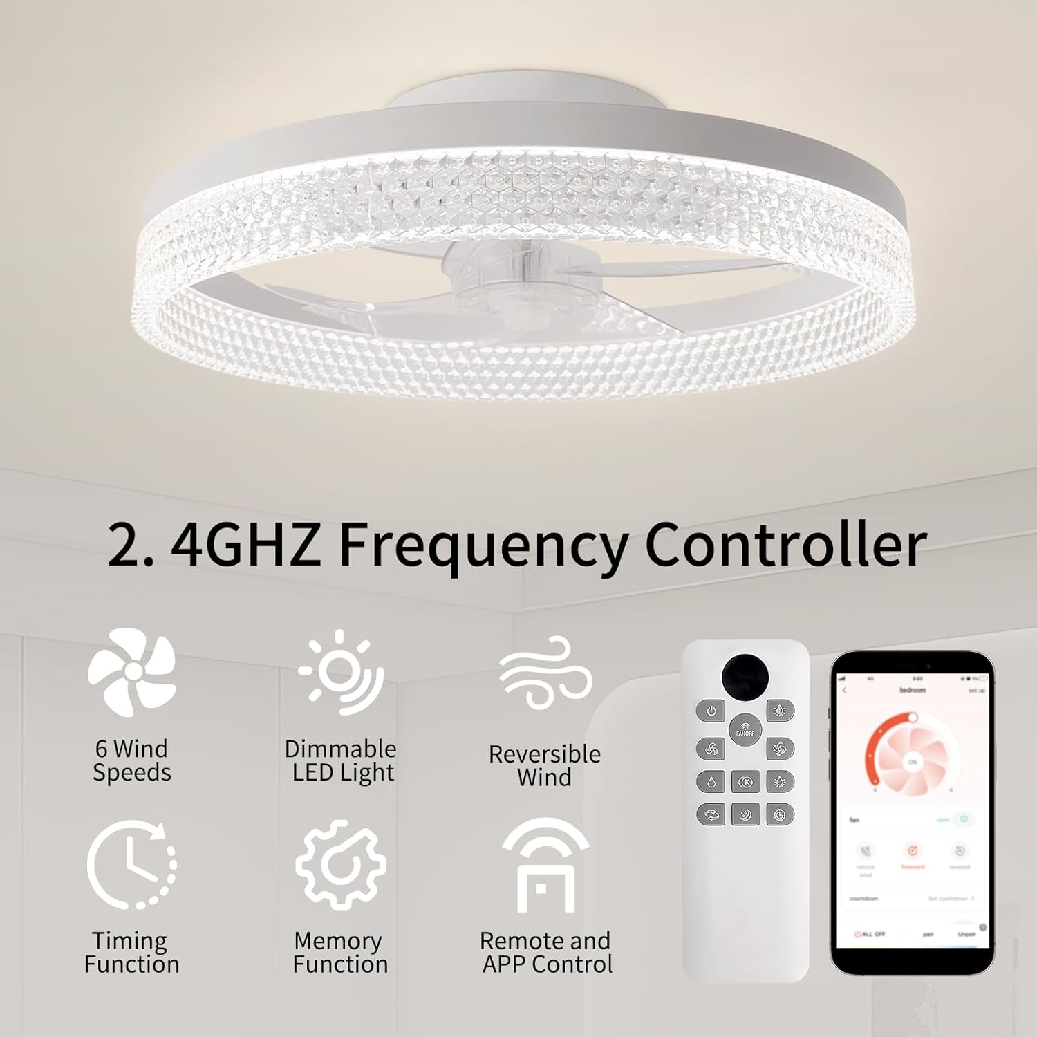 Ceiling Fans with Lights and Remote, 20 Inch Ceiling Fan, 6 Speeds, Reversible, Dimmable Flush Mount Fan Light, Modern and Bladeless Ceiling Fan Light for Bedroom Living Room Dining Room