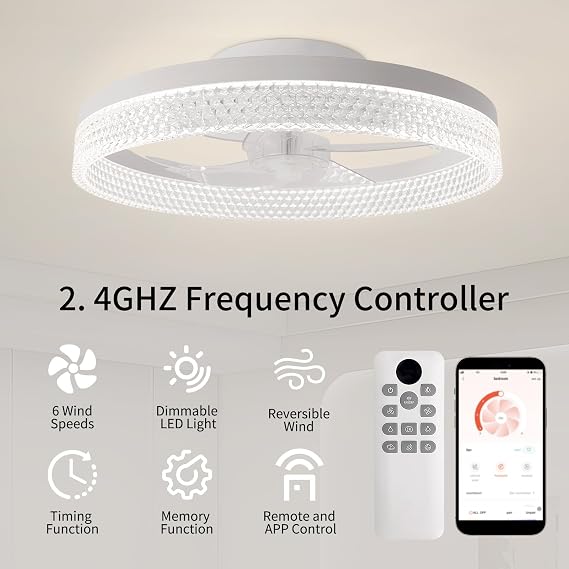 ZYDTRIP Ceiling Fans with Lights and Remote, 19.7 Inch Ceiling Fan, 6 Speeds, Reversible, Dimmable Flush Mount Fan Light, Modern and Bladeless Ceiling Fan Light for Bedroom Living Room Dining Room