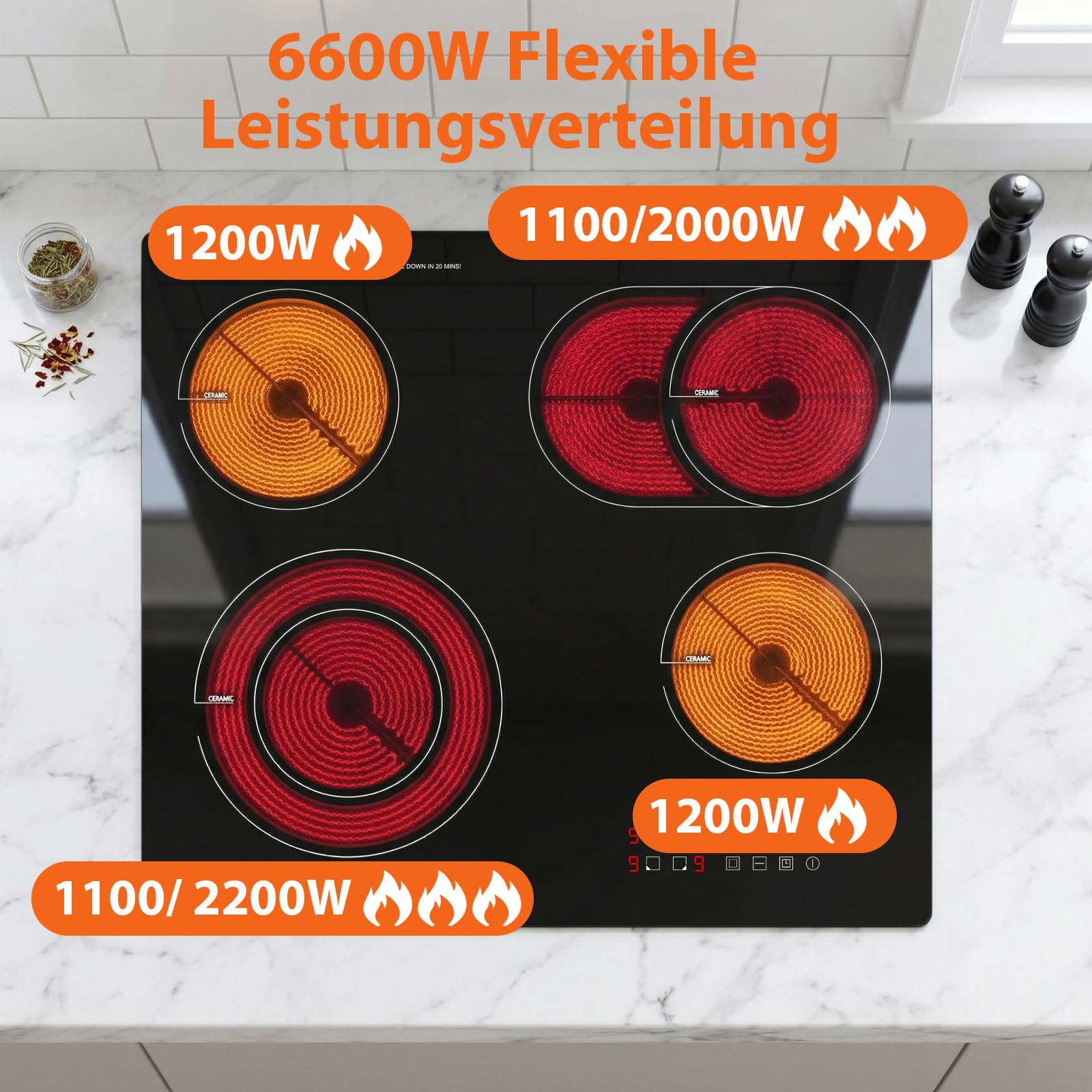 Topwish Glaskeramikkochfeld 4 Platten 60cm 6600W Elektroherd mit Kindersicherung Restwärmeanzeige Timer