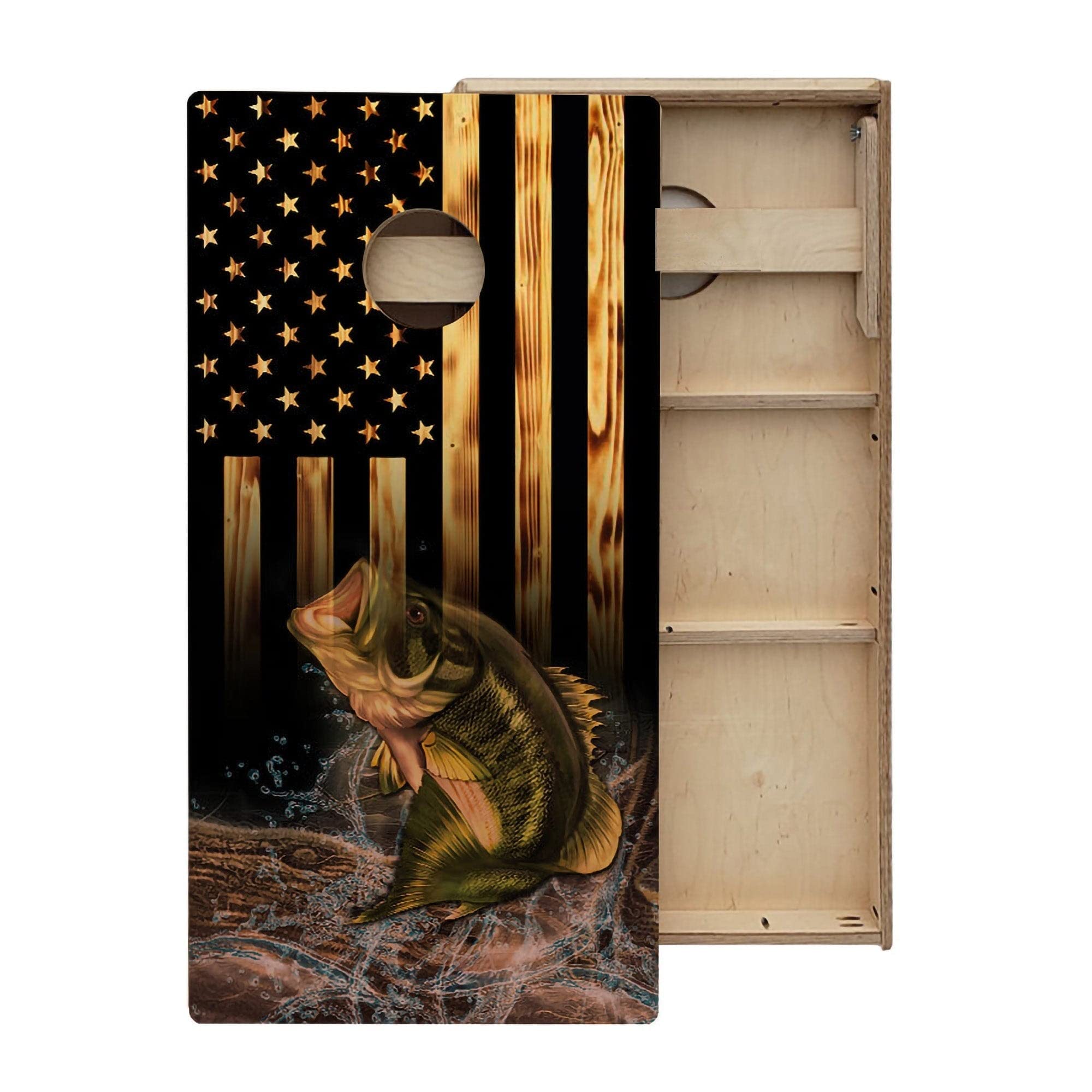 Skip's Garage American Flag Hidden Deer & Fish All-Weather Cornhole Boards - Includes (2) Boards (Resin Bags) + (2) Board Edge Lights