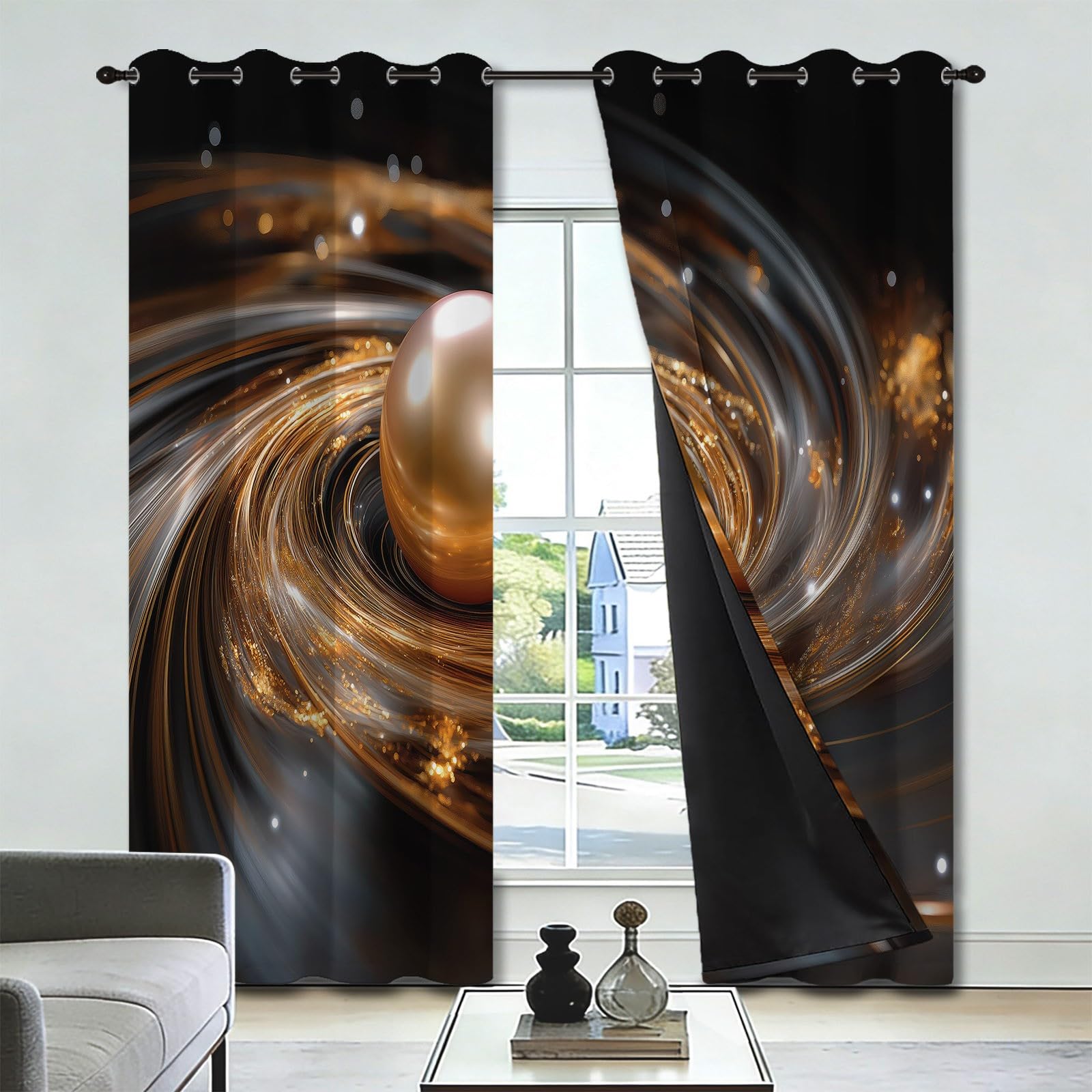 140 l x 160 cm Surrealistyczna zasłona z oczkami - złote spiralne koraliki