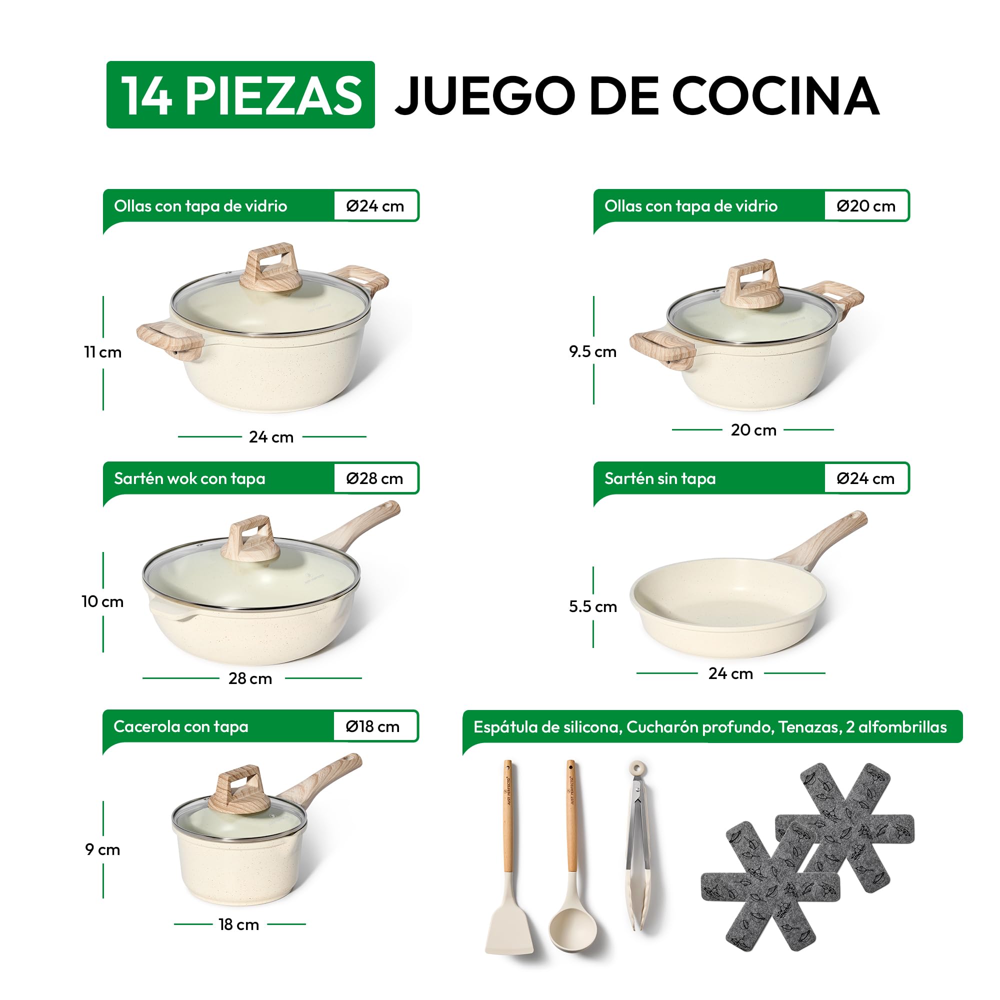 JUST PERFECTO Juego de cacerolas para inducción – Juego de sartenes con tapa – sartén de 24 cm, sartén antiadherente sin ptfe ni pfoa (14 piezas beige)