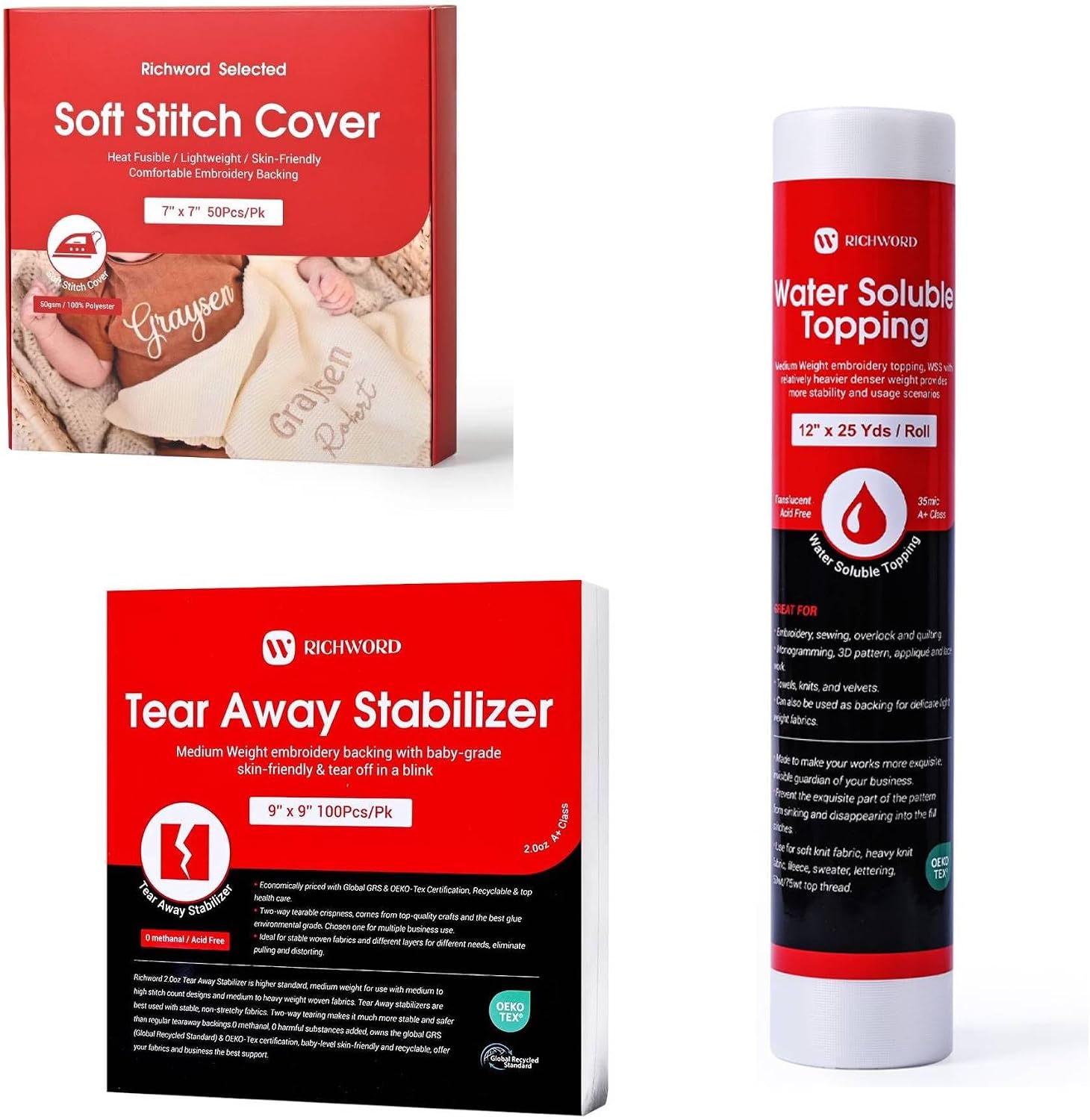 Poolin Beginner Embroidery Stabilizer Set – Tear Away, Wash Away Topping & Soft Stitch Cover for T-Shirts, Knits & Everyday Projects