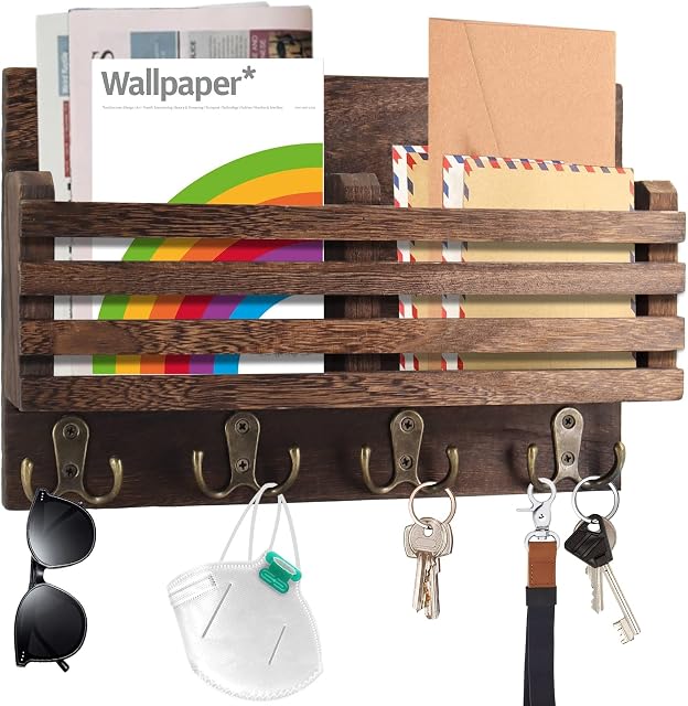 SAUNNIHEN Wooden Key Holder for Wall, Key Hangers for Wall with 4 Key Double Hooks, Key Racks for Wall with Mail Holder, Decorative Key Hooks Wall Mounted for Hallway Entrance Office
