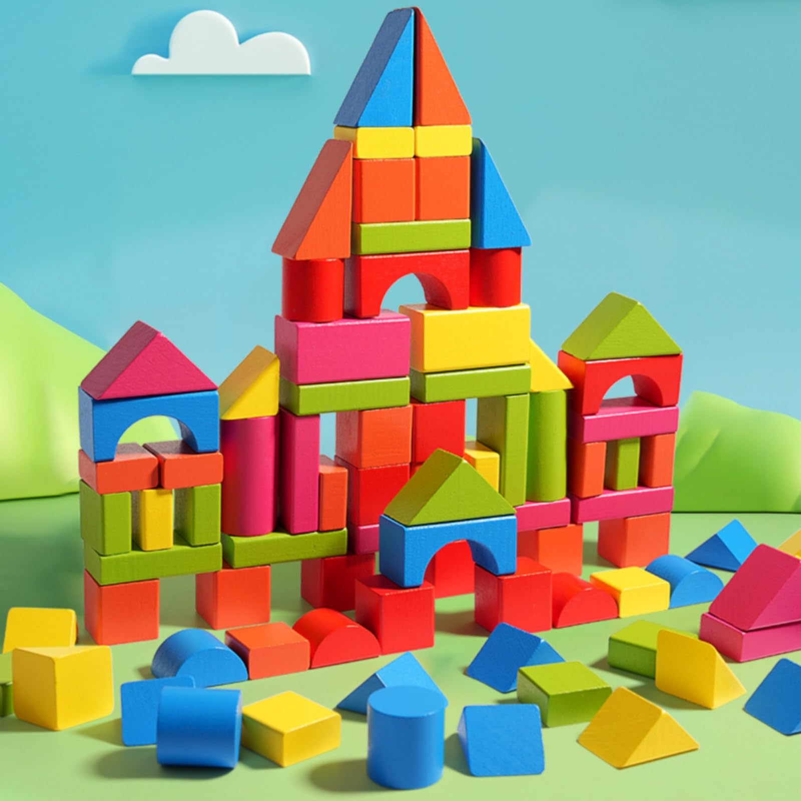 82 Pezzi Blocchi da Costruzione in Legno di Faggio con Bordi Lisci Set di Blocchi con Forme Geometriche Aperti per Young Child