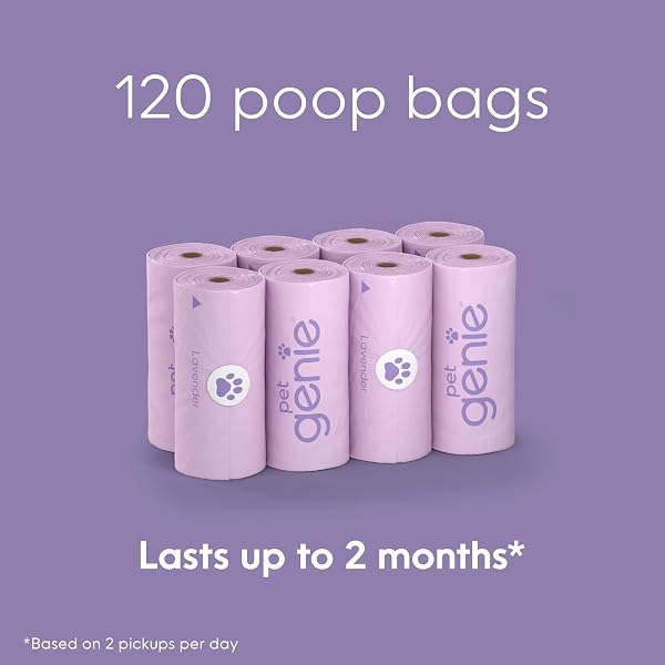 Close-up of a Pet Genie On The Go Dog Poop Bags roll showing the lavender scent indicator and bag texture.