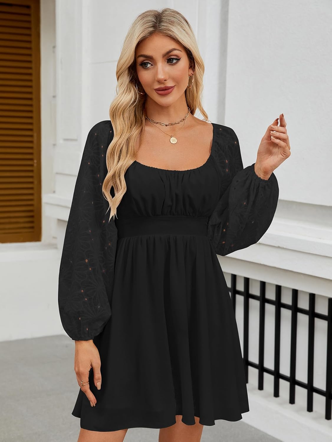 Womens Lace Mini Fall Dress Long Sleeve Sweetheart Neckline A Line Flowy Cocktail Party Wedding Guest Dresses - Image 4