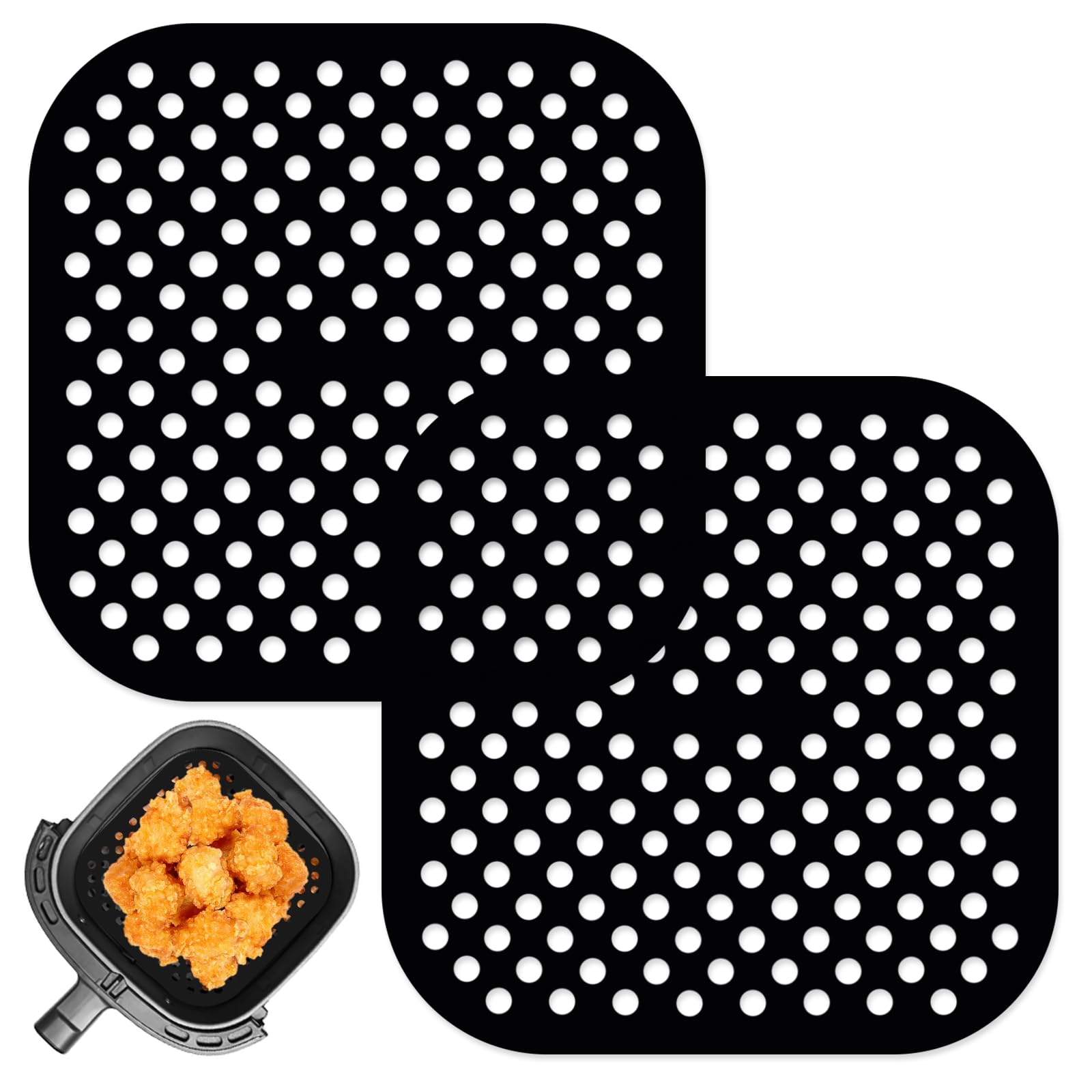 2 Piezas Alfombrillas Silicona Freidora de Aire Cuadrada, 21.5 cm Alfombrillas Reutilizables para Freidora de Aire, Revestimientos Antiadherentes para Freidoras de Aire, Silicona Air Fryer, Sin BPA
