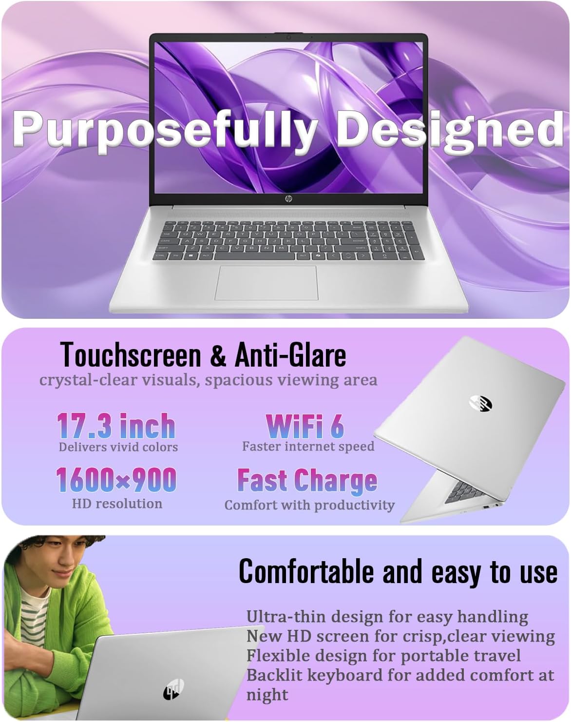 HP 17.3 Touchscreen Laptop Computer for Business, 17.3" 250 nits Anti-Glare Display, Ryzen 5 7430U(UP to 4.3GHz), 64GB RAM+2TB SSD, Windows 11 Pro, Fast Charge, AI Copilot Key, w/Redragon Bundle - Image 3