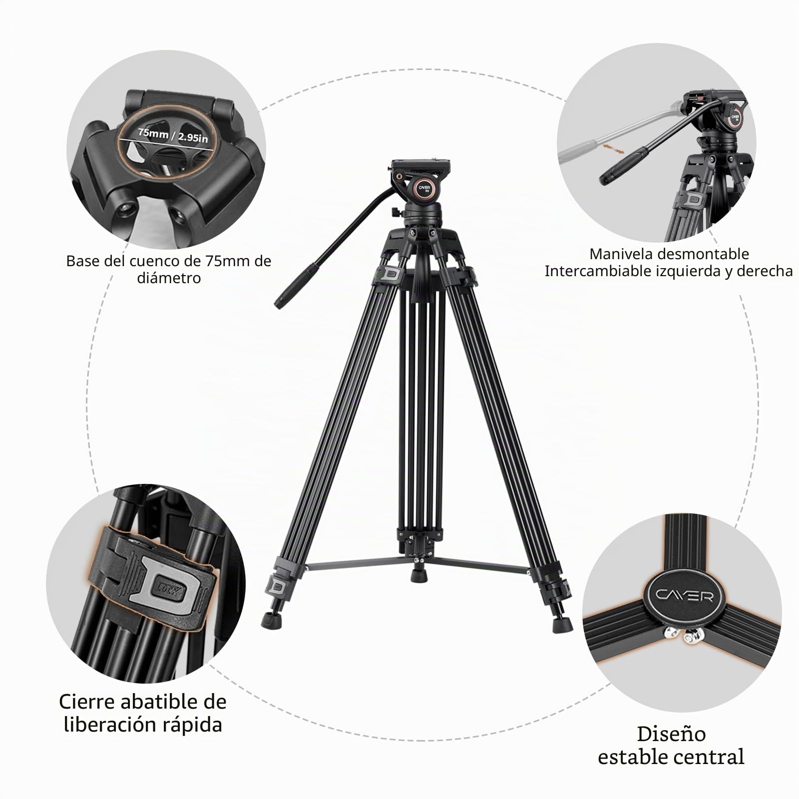 Cayer BF30L 73"/187cm Trípode Video, Soporte de Trípode de Aleación de Aluminio Resistente con 360° Cabezal de Arrastre Fluido, Placa QR Compatible con Canon Nikon Sony Otras,Carga hasta 17.6lb/8kg