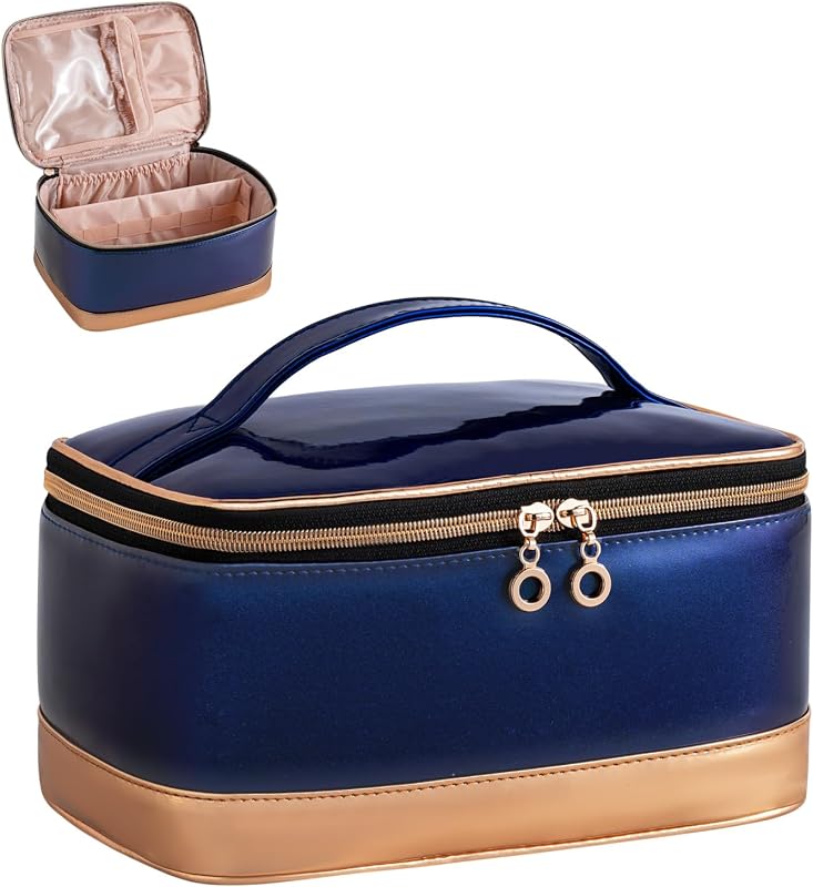 Necessaire organizadora de maquiagem JRQCSJY com divisórias, porta-pincéis e zíper, Azul+Gold, 1 unidade