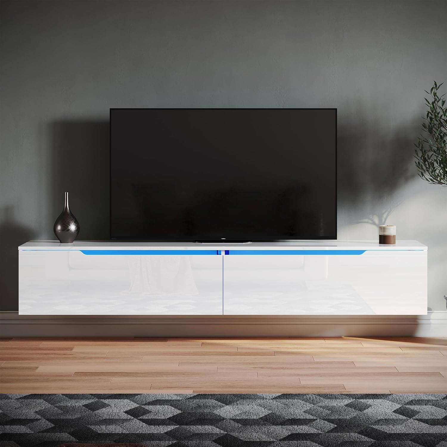 SONNI TV-Schrank, Fernsehtisch, TV-Regal, Lowboard Hochglanz, Hängend mit LED-Beleuchtung, 12 Farben können eingestellt Werden, 2 Schränken für Wohnzimmer und Schlafzimmer 180x35x30cm Weiß GTV009W-180