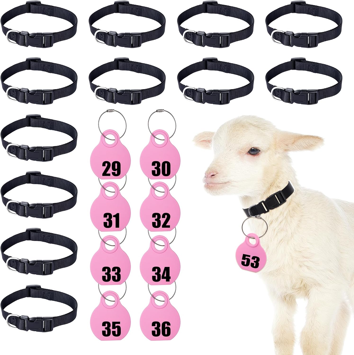 28 Pack Goat Collar with Number Tag Adjustable Nylon Sheep Collar Set Pet Livestock Plastic ID Number Tags Quick-Release Buckle for Small Farm Animal Sheep Calf Goat(Blue,No.57-84)