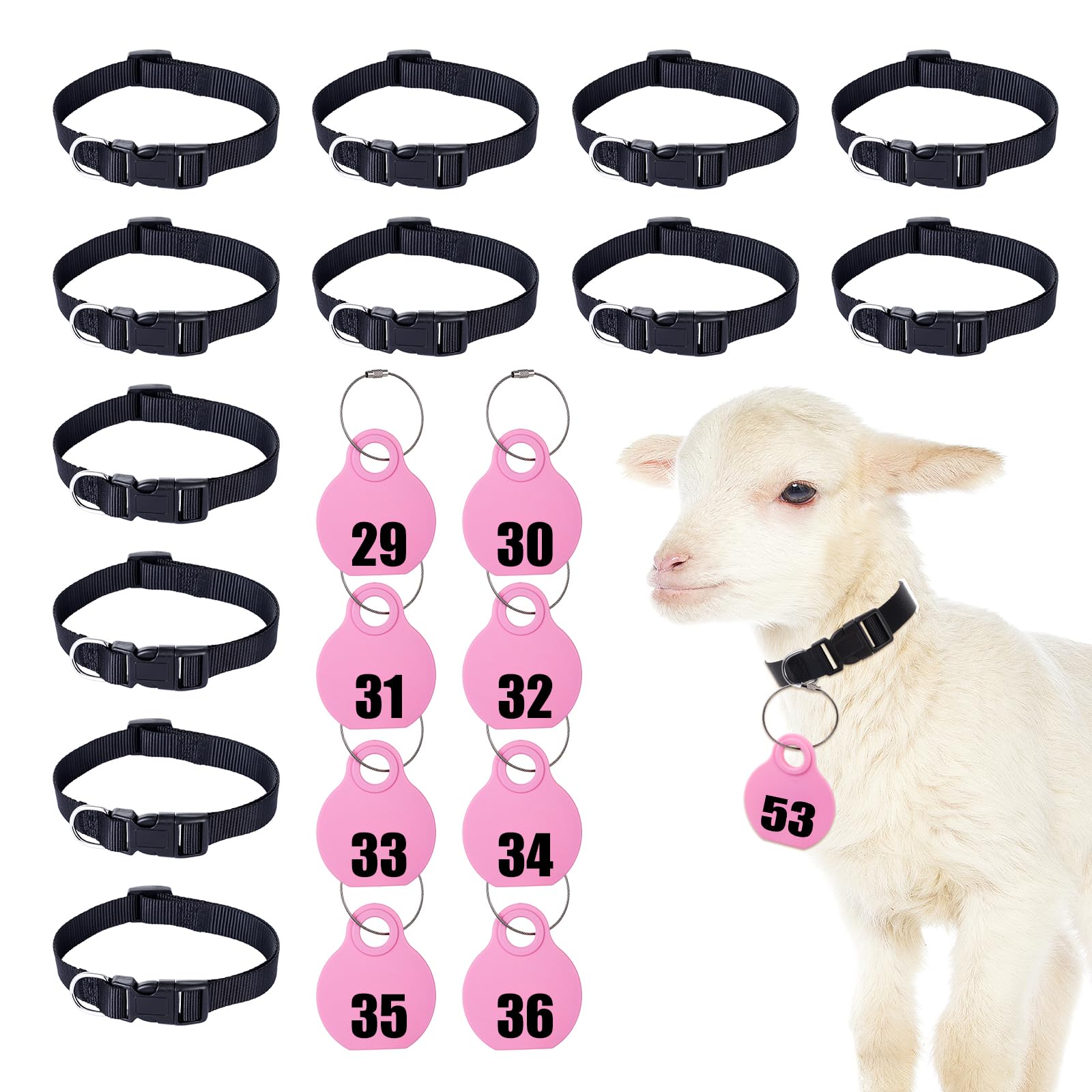 28 Stück Ziegenhalsbänder mit Ohrmarken, für Kuh, Schaf, Hunde, Ziegenohrmarken mit verstellbarem Nylon-Halsband, Set mit Haustier-Vieh-Ohrmarke zum Markieren, Kuh, Ziegenschaf (Rosa)