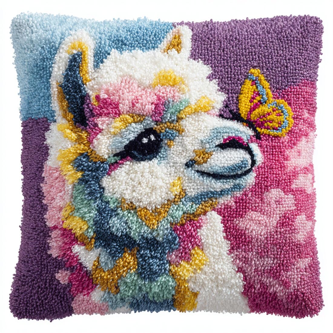 Kitquiver Animal Latch Hook Cushion Kits Colorful Alpacas DIY Latch Hook Kits Pillow Needlepoint Cushion Kit for Home Décor Needlework Set for Adult Beginners 17x17In