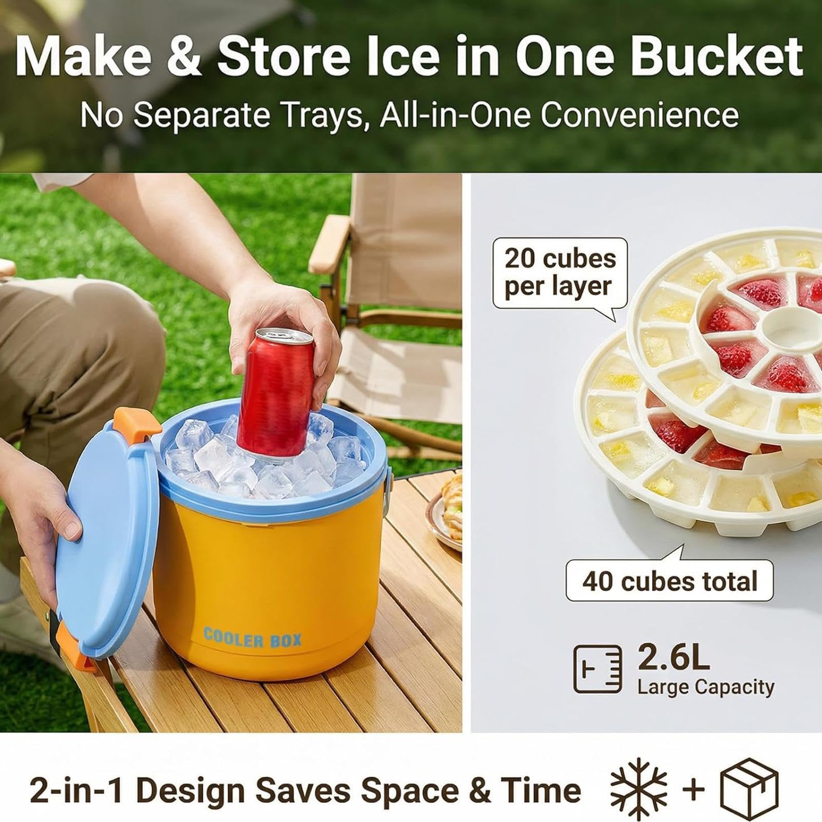 Eiskübel 2-in-1 tragbarer Behälter mit Deckel und 2 Eiswürfelschalen