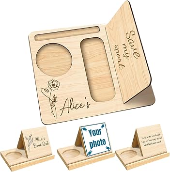 Personalized Wooden Book Holder Stand Custom Desktop Book Stand for Page Rest Engraved Text Solid Oak Bookshelf with Cup Holder, Christmas Birthday Gift for Readers Teachers