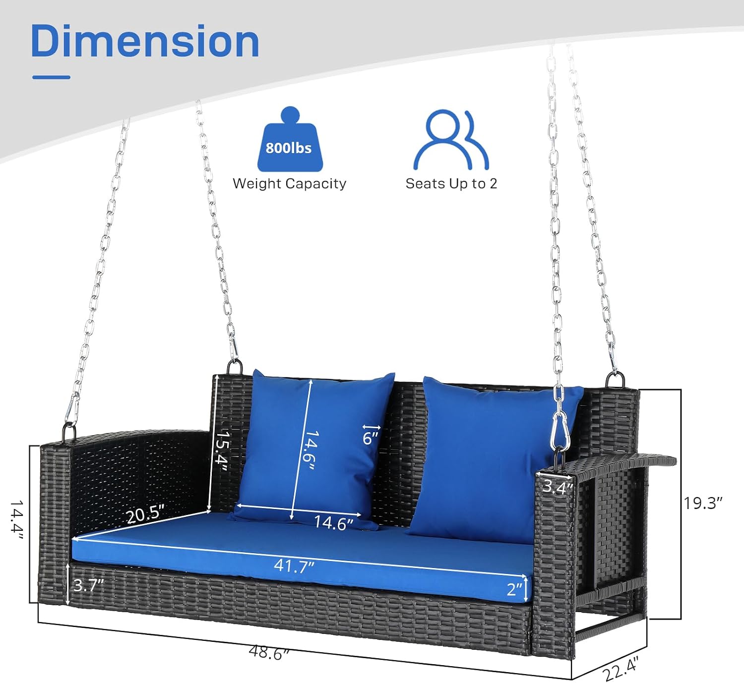 Outvita Porch Swing 2 Person Hanging Bench, Wicker Outdoor Swing Bench with Cushion and Pillow for Patio, Yard, Garden Hold Up to 800 lbs (Blue)