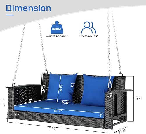 Miniatura 3 de Outvita Banco colgante para porche para 2 personas, banco de mimbre para exteriores con cojín y almohada para patio, patio, jardín, soporta hasta
