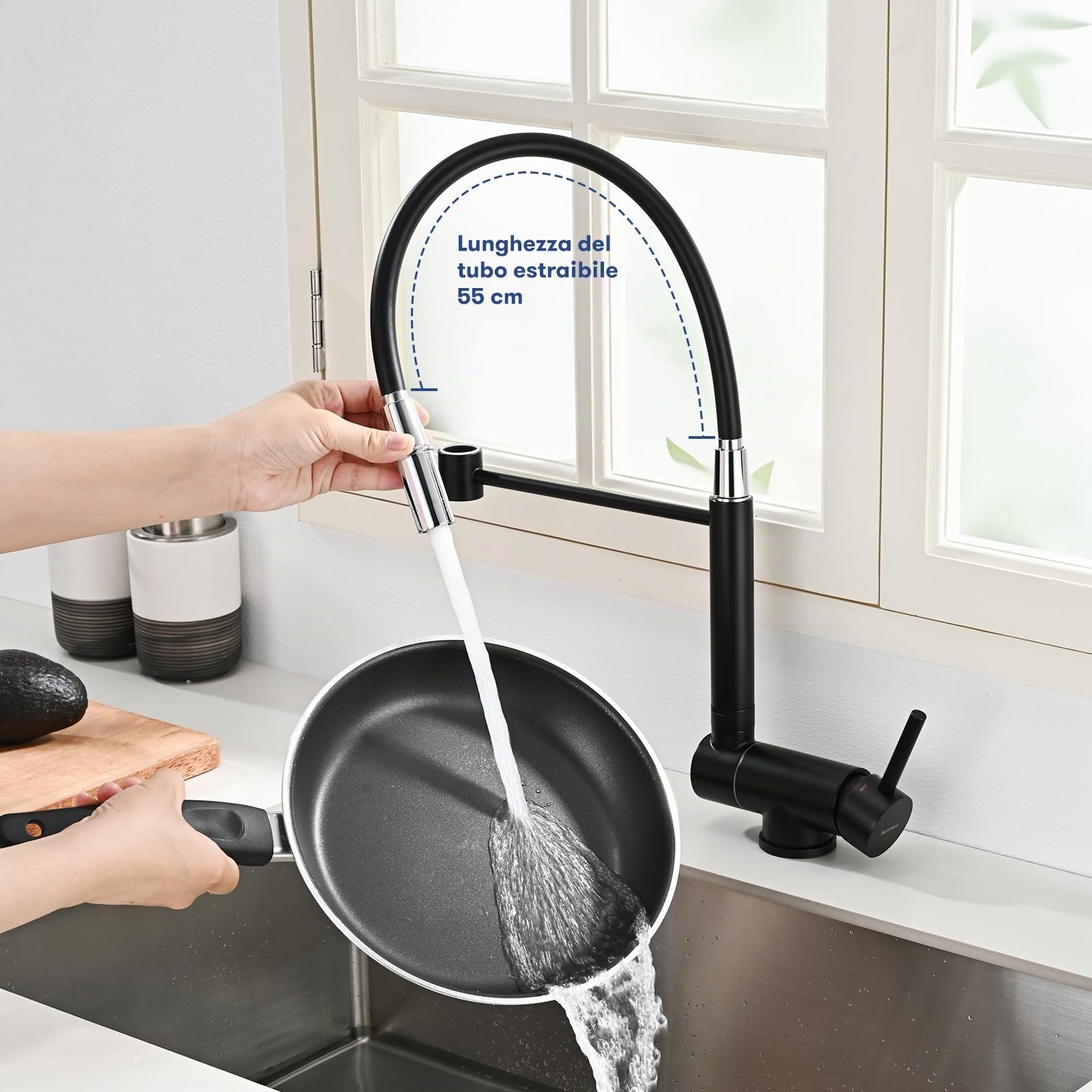 Rubinetto da Cucina Pieghevole, Miscelatore da Cucina Sottofinestra Pieghevole, Miscelatore per Lavello da Cucina Girevole a 360° in Acciaio Inox 304 (Nero Opaco)