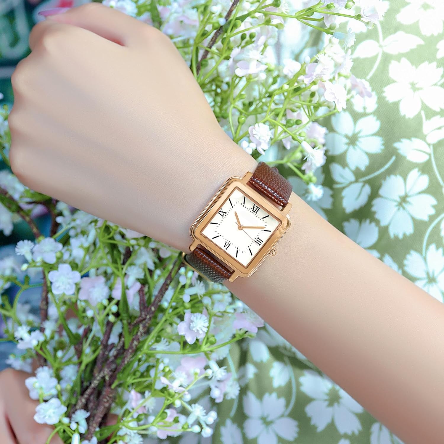 findtime Retro Square Watches for Women Relogio Feminino Elegant Leather Stainless Steel Band Ladies Analog Quartz Wrist Watch 3 ATM Water Resistant with Roman Numerals Dial
