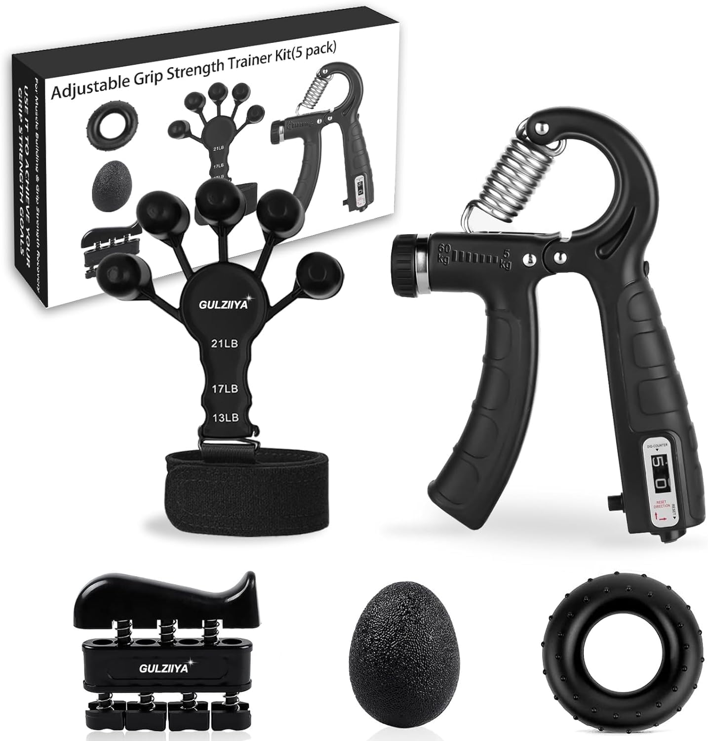 Grip Strength Trainer Kit (5 Pack) with Finger Exerciser, Hand Grip Strengthener, Hand Extension Exerciser, Stress Relief Ball and Forearm Workout Ring (B0D32YJ944) Amazon Price History, Amazon Price Tracker