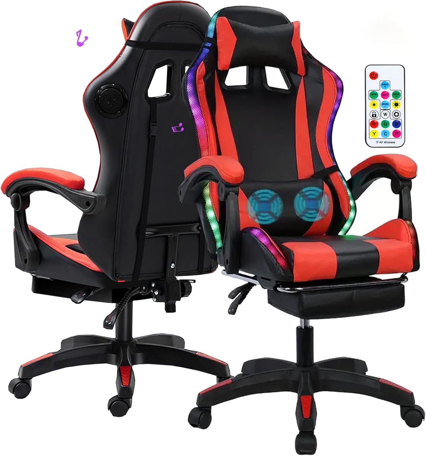 Gaming Chair,Office Massage Computer Chair with Bluetooth Speaker,RGB LED Lights,Adjustable Height Swivel Task Chair with Footrest Lumbar Support,Video Game Chair for Adults (Red)