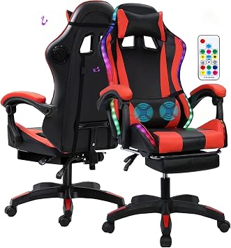 Gaming Chair,Office Massage Computer Chair with Bluetooth Speaker,RGB LED Lights,Adjustable Height Swivel Task Chair with Footrest Lumbar Support,Video Game Chair for Adults Red