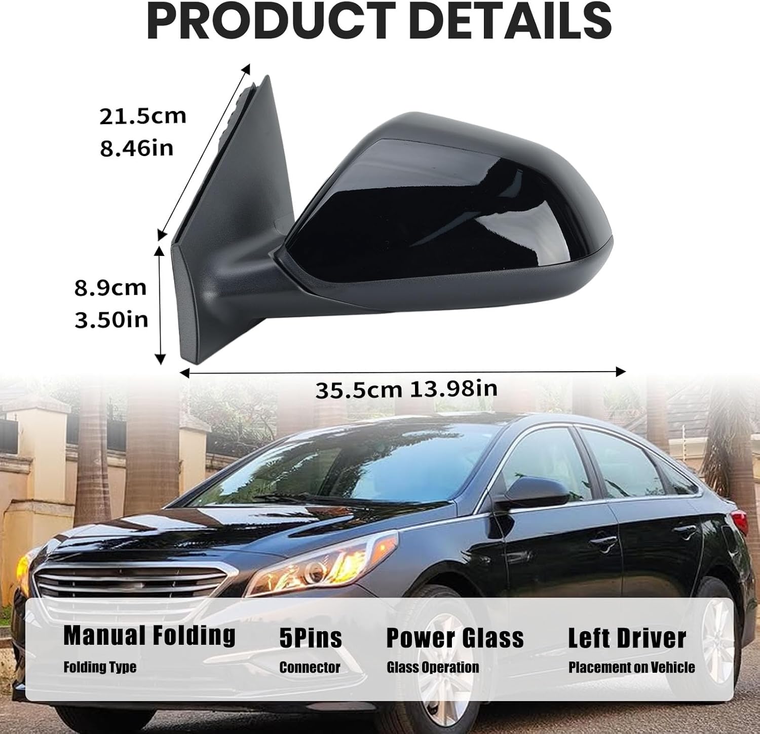 Left Driver Side Mirror Compatible with Hyundai Sonata 2015 2016 2017 2018 2019 Power Glass Manual Folding Heated with Blind Spot Detection 5 Pins Replace HY1320203 | 87610-C2000 (Black)