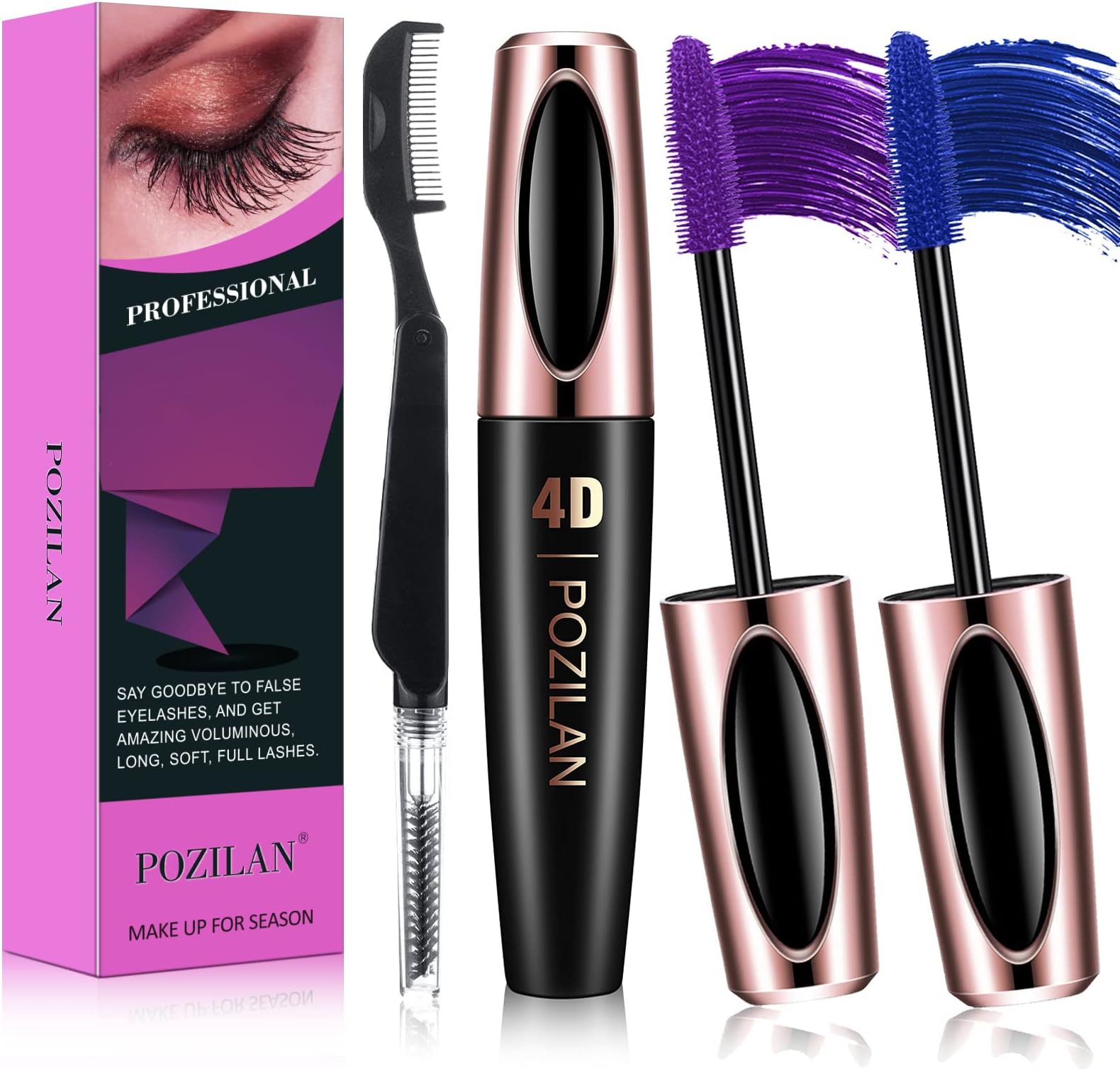 2 Pack Waterproof Colored Mascara set Pruple Blue with Folding Eyelash Comb Brush - Lengthening, Volumizing, Long-Lasting, Natural Eye Makeup