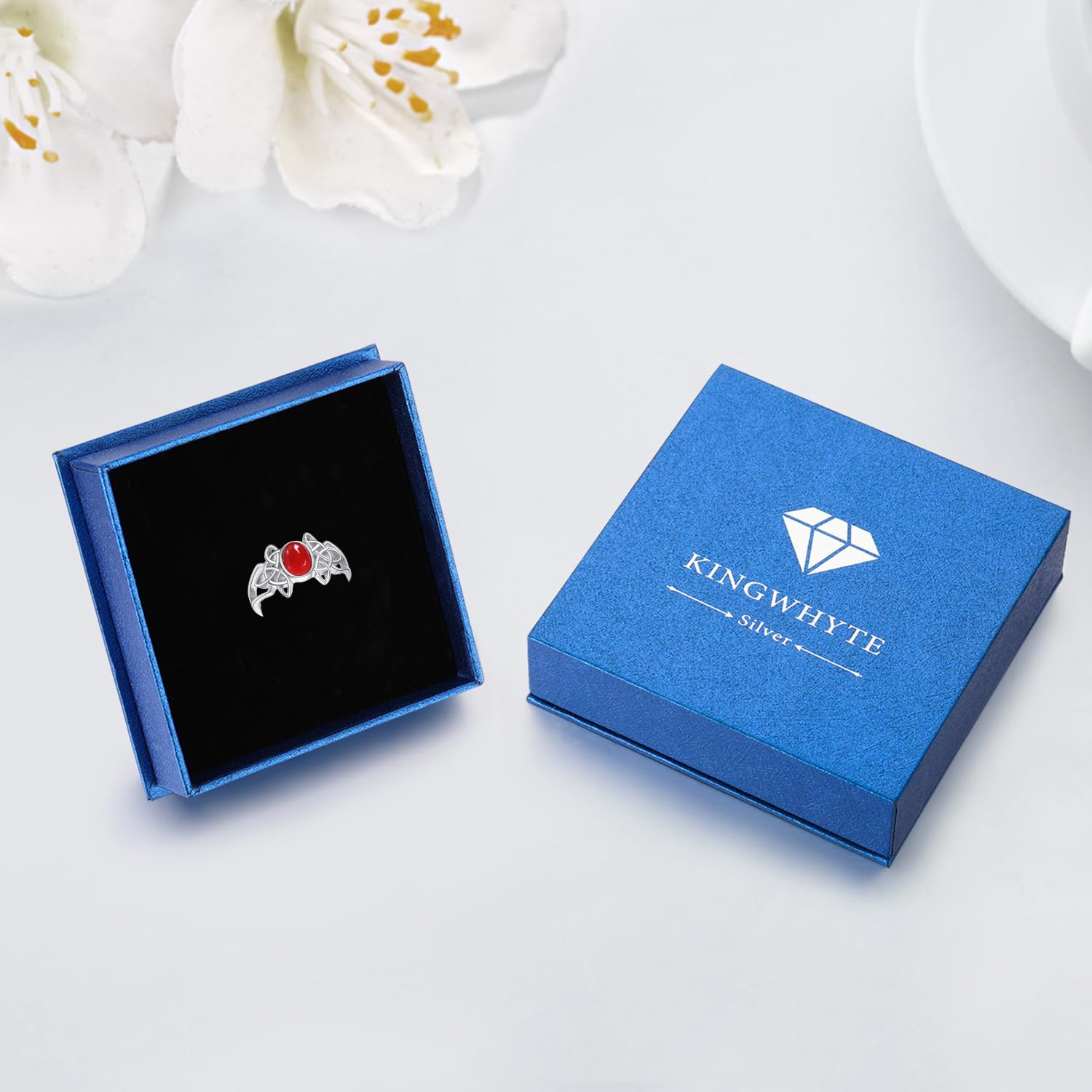 KINGWHYTE Anillo celta para mujer, plata de ley 925, ajustable, abierto, piedras preciosas naturales, regalo de cumpleaños para mujeres, niñas, madres