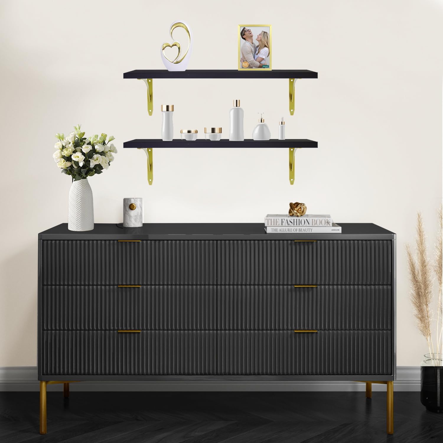 Black and Gold Floating Shelves 16 in - 0.71in Thick Engineered Wood with Solid Pine Core,Heavy Duty Water-Resistant Black and Gold Shelves for Bathroom,Bedroom Set of 2