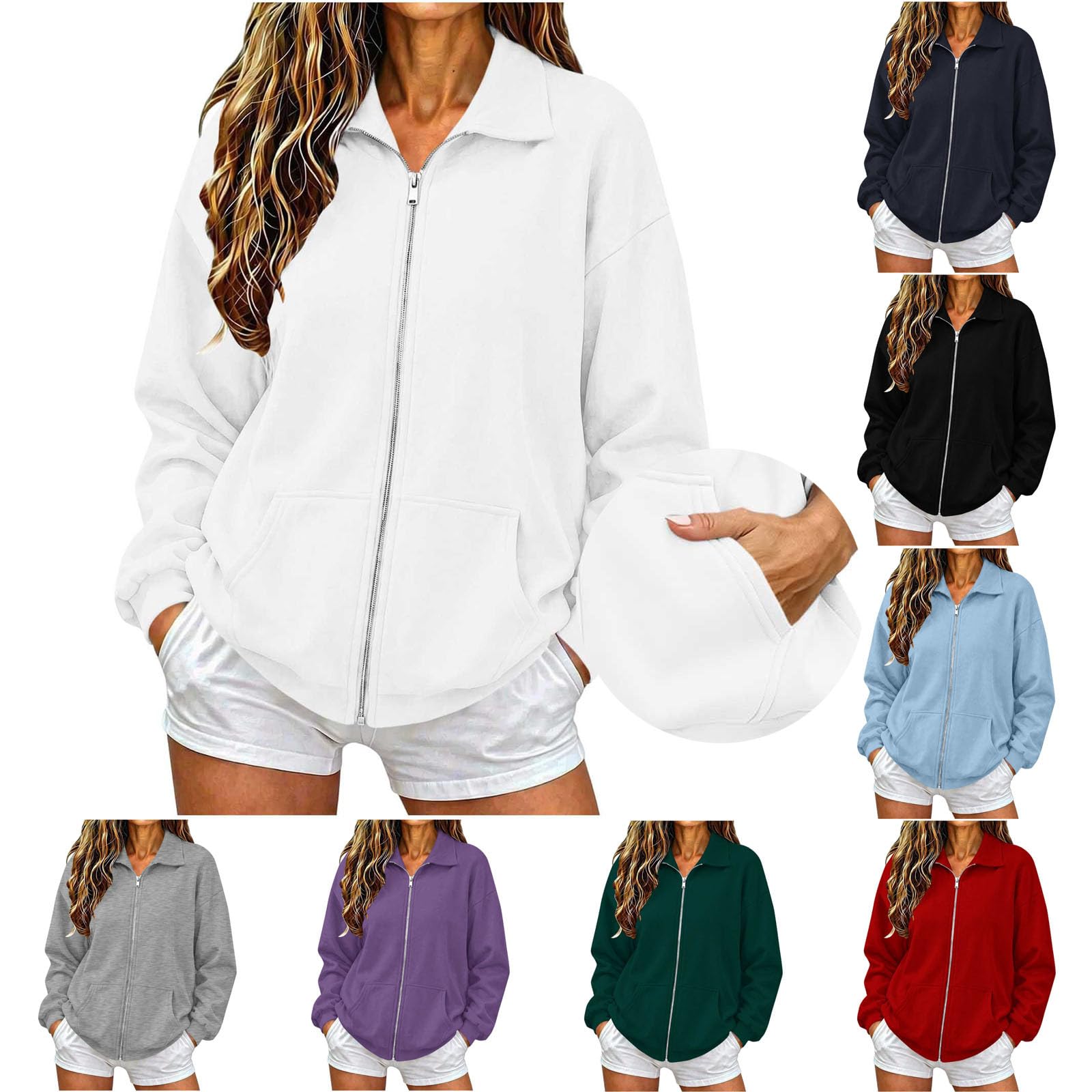 Sweatjacke Damen Ohne Kapuze Sweatshirt Rollkragen Sweatjacke Revers Sweatshirt Herbst Übergangsjacke Dünne Fleecejacke Leichte Fleece Pullover Oversize Outwear Einfarbig Elegant Reißverschluss Jacke