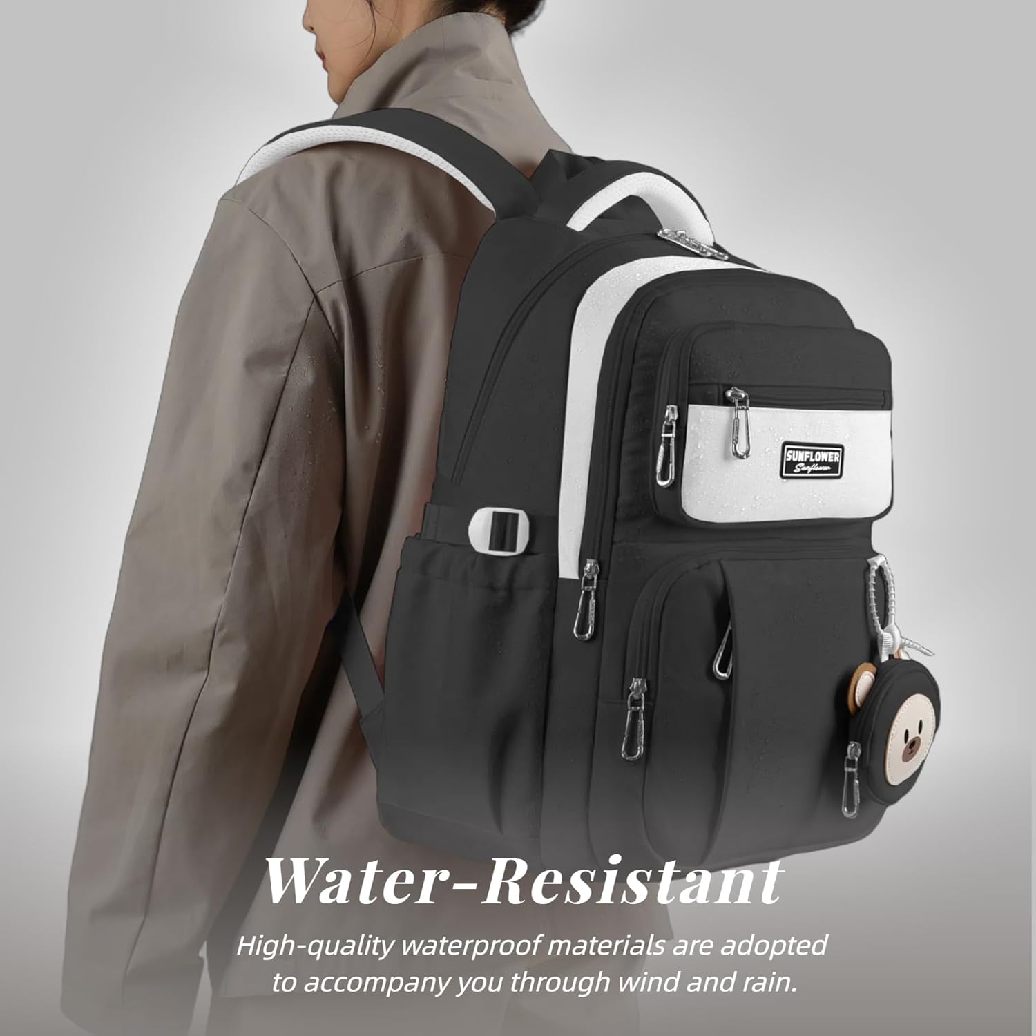 Leaper Preppy Backpack for Teens : 18.5 inch Bookbag Multi-pocket for School Daily -Water Resistant Anti Theft Middle Highschool Student - Aged 10-16 - Gifts for Girls and Kids（Black）