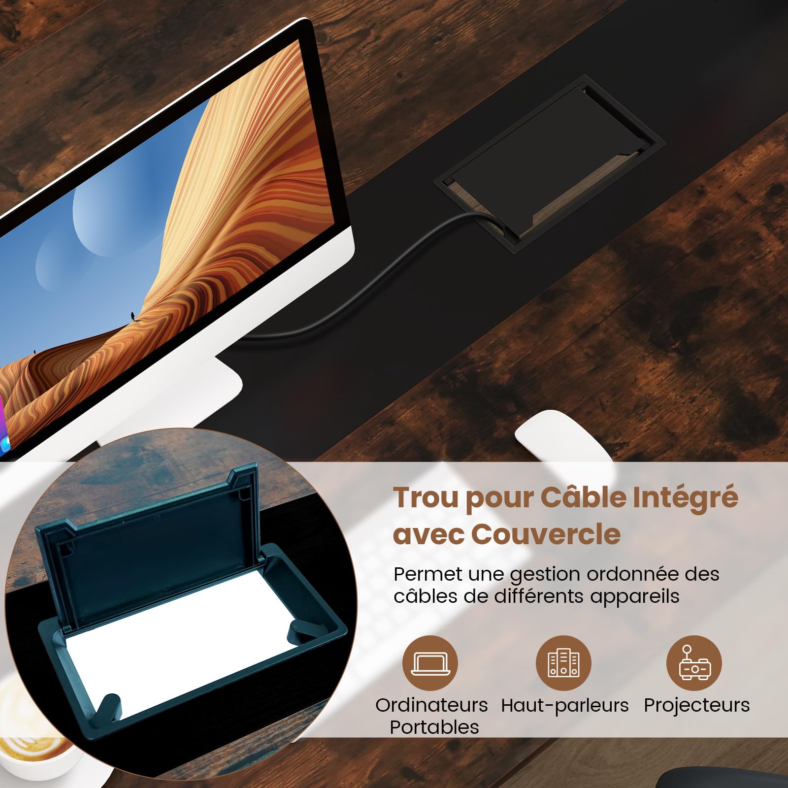COSTWAY Table de Conférence180 x 90 cm, Table de Réunion pour 8-10 Personnes, Rectangulaire avec Passe-câble pour Salle de Réunion, Bureau, Salle à Manger, Marron Rustique