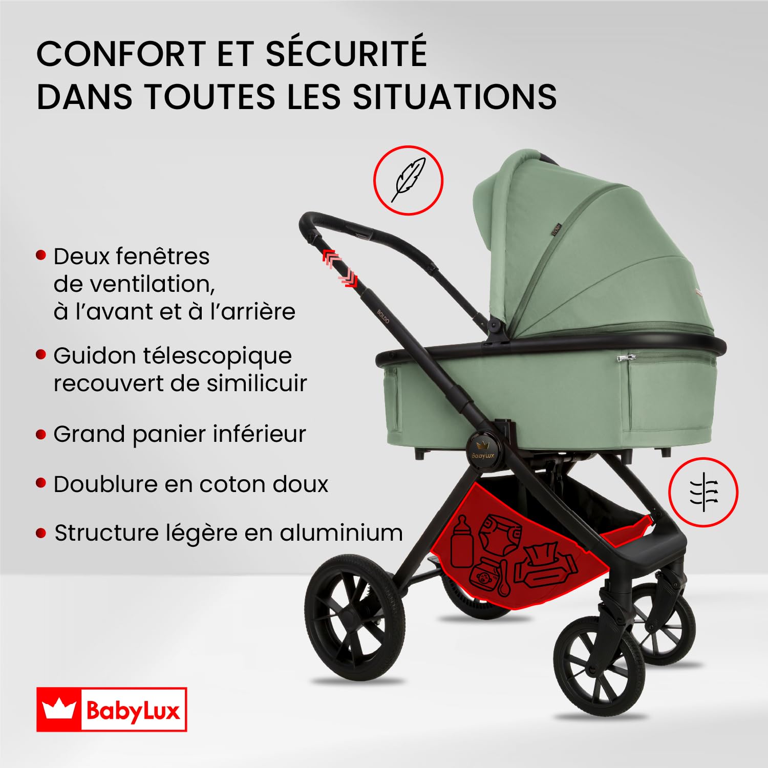 BabyLux® Poussette 2en1 BOLDO, Pliable Set De Poussettes Combinées Légères