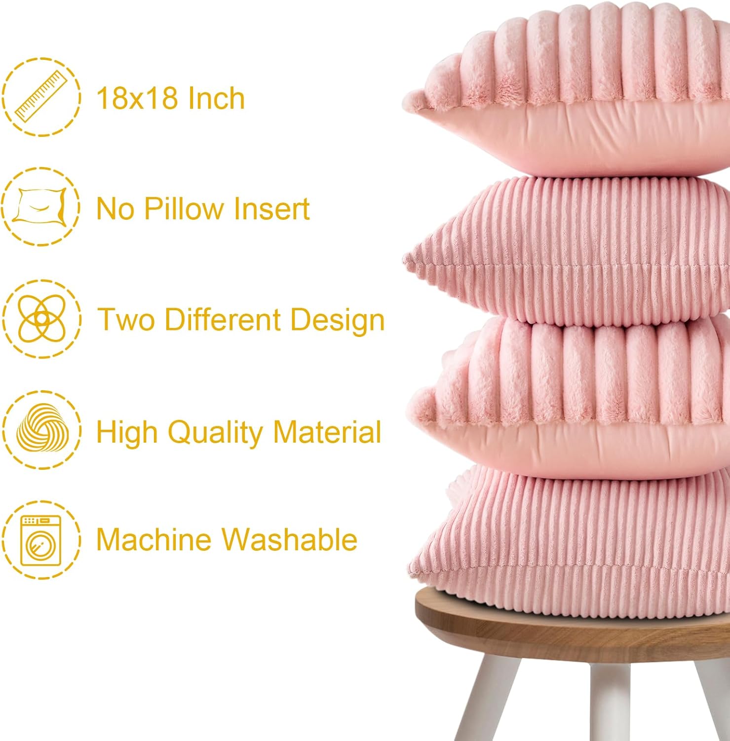OTOSTAR Set of 4 Corduroy Soft Decorative Throw Pillow Covers 18x18 Inch Faux Fur Plush Pillow Covers Fuzzy Striped Luxury Cushion Case Pillowcase for Couch Sofa Bed Home Living Room Decor (Pink)