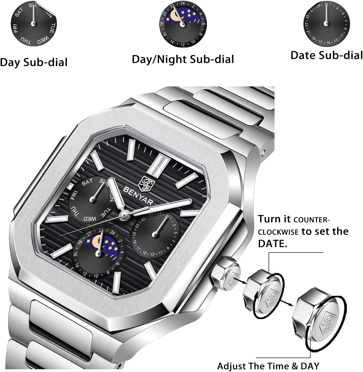 BENYAR Men's Quartz Watch, Waterproof 37mm Stainless Steel Watch for Men with Date Day Moonphase, Hardlex Crystal, Slim Casual Dress Wristwatch BY-5221