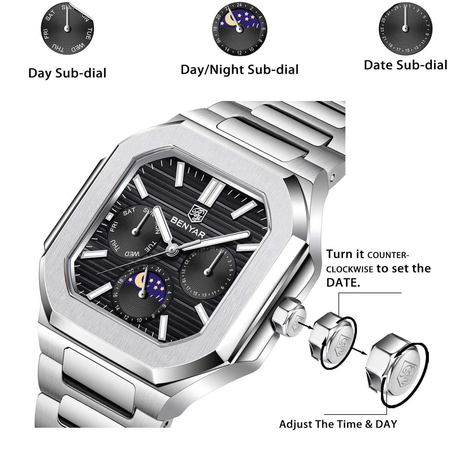 BENYAR Orologio da uomo al quarzo, 37 mm, in acciaio inox, con data, giorno, fasi lunari, cristallo Hardlex, orologio da polso casual sottile BY-5221
