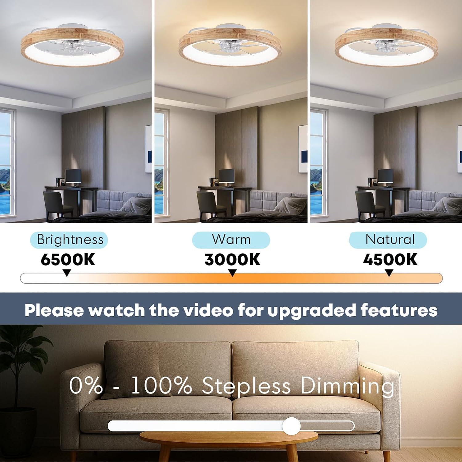Fszdorj 20'' Ceiling Fan with Light, Wooden Low Profile Ceiling Fan with Light, Dimmable Flush Mount Ceiling Fan with Light, Fan Light, App & Remote Control, Quiet Fan for Bedroom, Kitchen