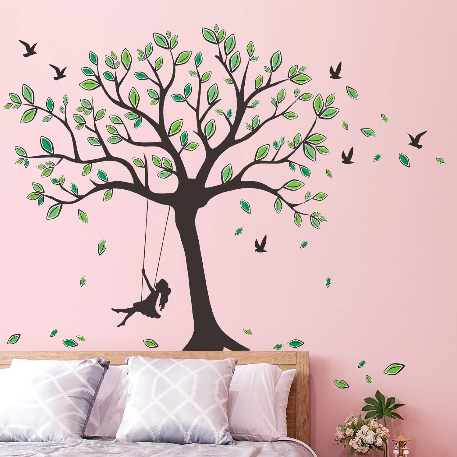 Giant Tree Wall Decal Removable Falling Green Leaves Wall Sticker DIY Peel and Stick Art Decor Black Tree Wall Sticker for Baby Kids Girls Bedroom Classroom Nursery Walls Background Decorations - Image 5