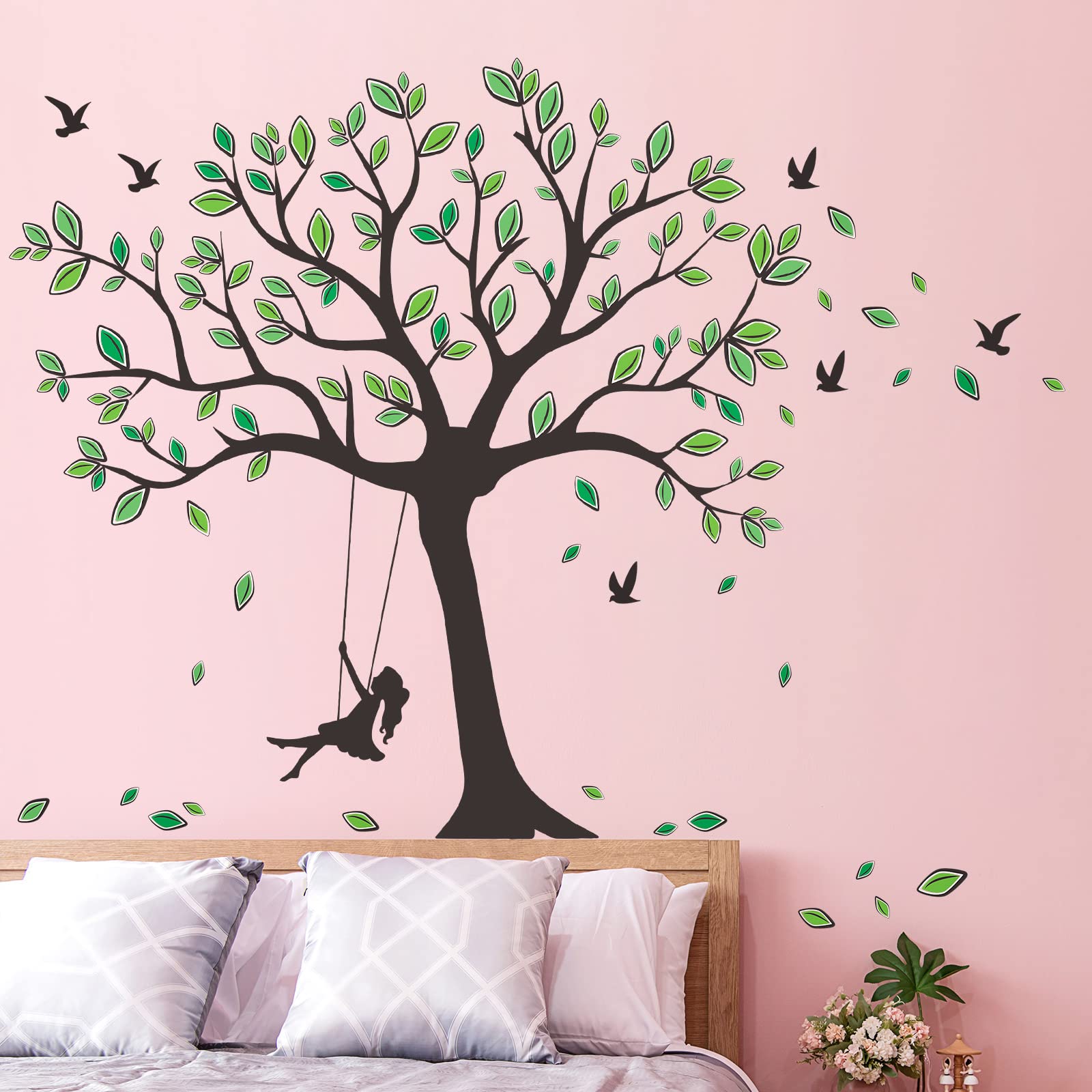 Calcomanía de pared de árbol gigante extraíble con hojas verdes que caen, calcomanía de pared para despegar y pegar, decoración artística de árbol negro para bebés, niños, niñas, dormitorio,