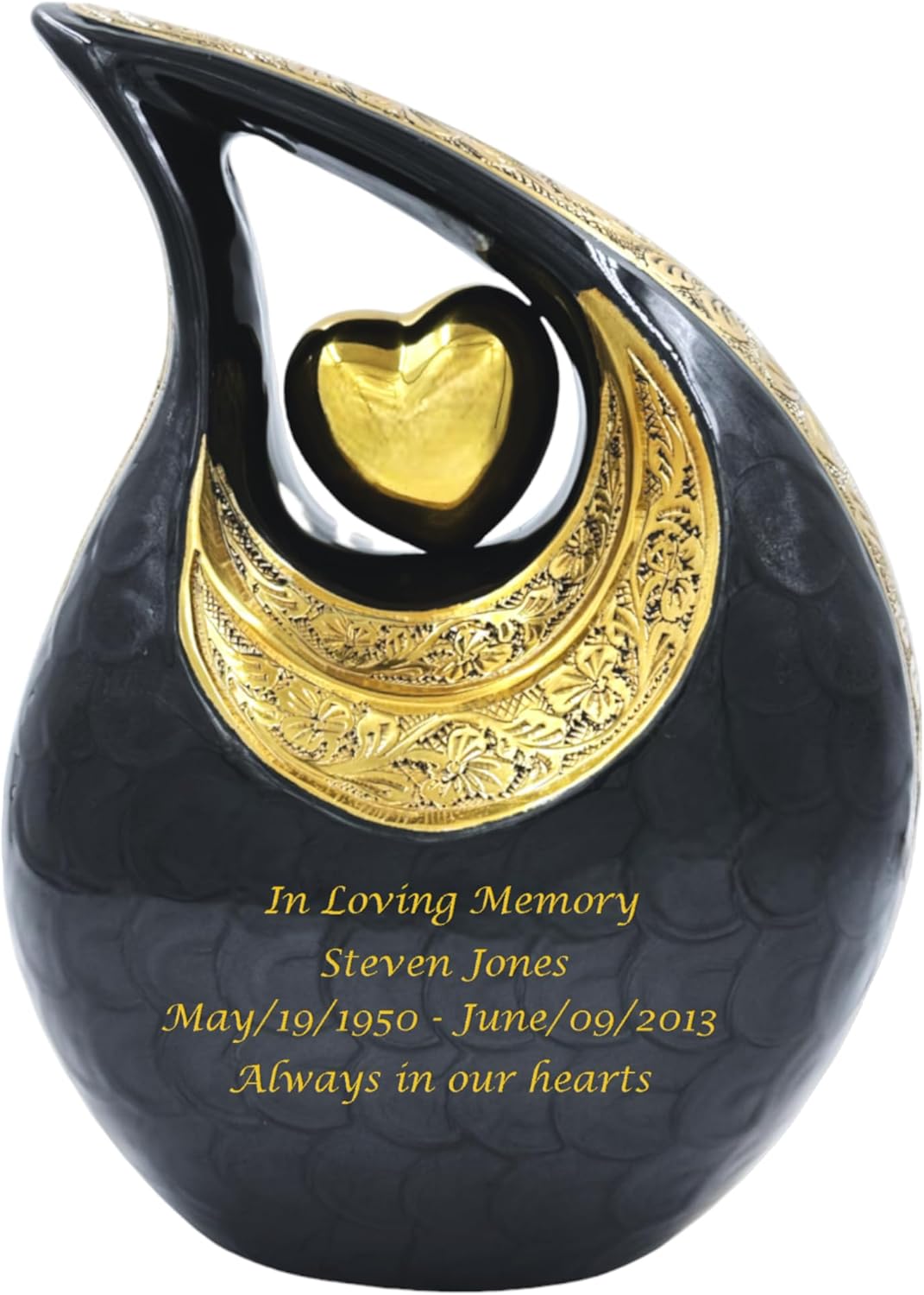 Black Personalized Teardrop Cremation Urn for Adults – Elegant Memorial Urn with Engraving – Includes Velvet Bag