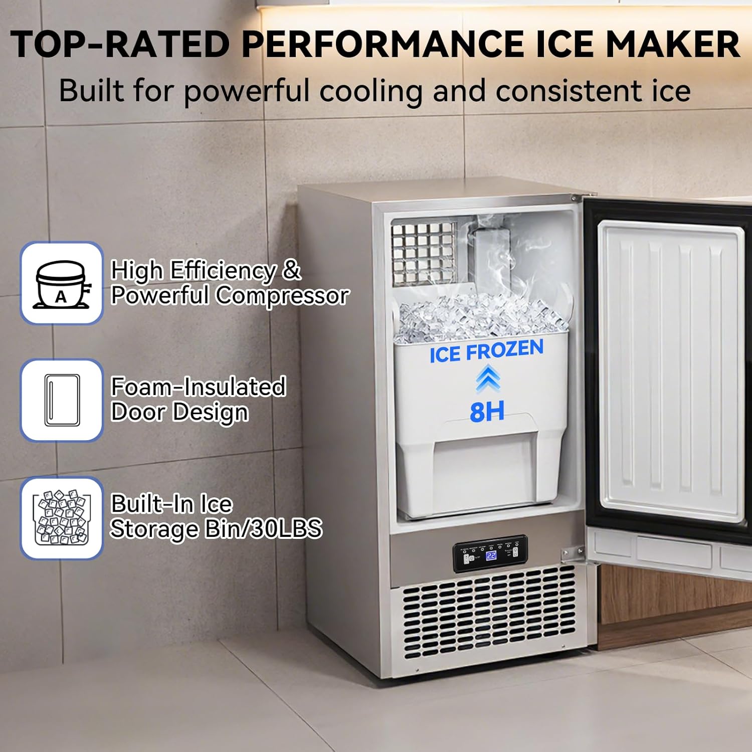 SOZT® Under Counter Ice Maker, 120LBS/24H Ice Machine, Self-Cleaning & 24H Timer, Commercial Ice Maker with 30LBS Storage - Reversible Door, Built-in/Freestanding Design for Home Bar Cafe Restaurant