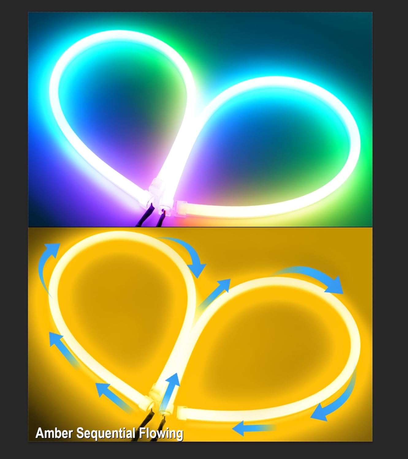 Sequential Switchback DRL Led Strip Light for Car SUV Motorcycle, 24Inch RGB Multi Color 12V LED Daytime Running Light, Flexible LED Tube Turn Signal Lights APP Bluetooth Control 2-Pack