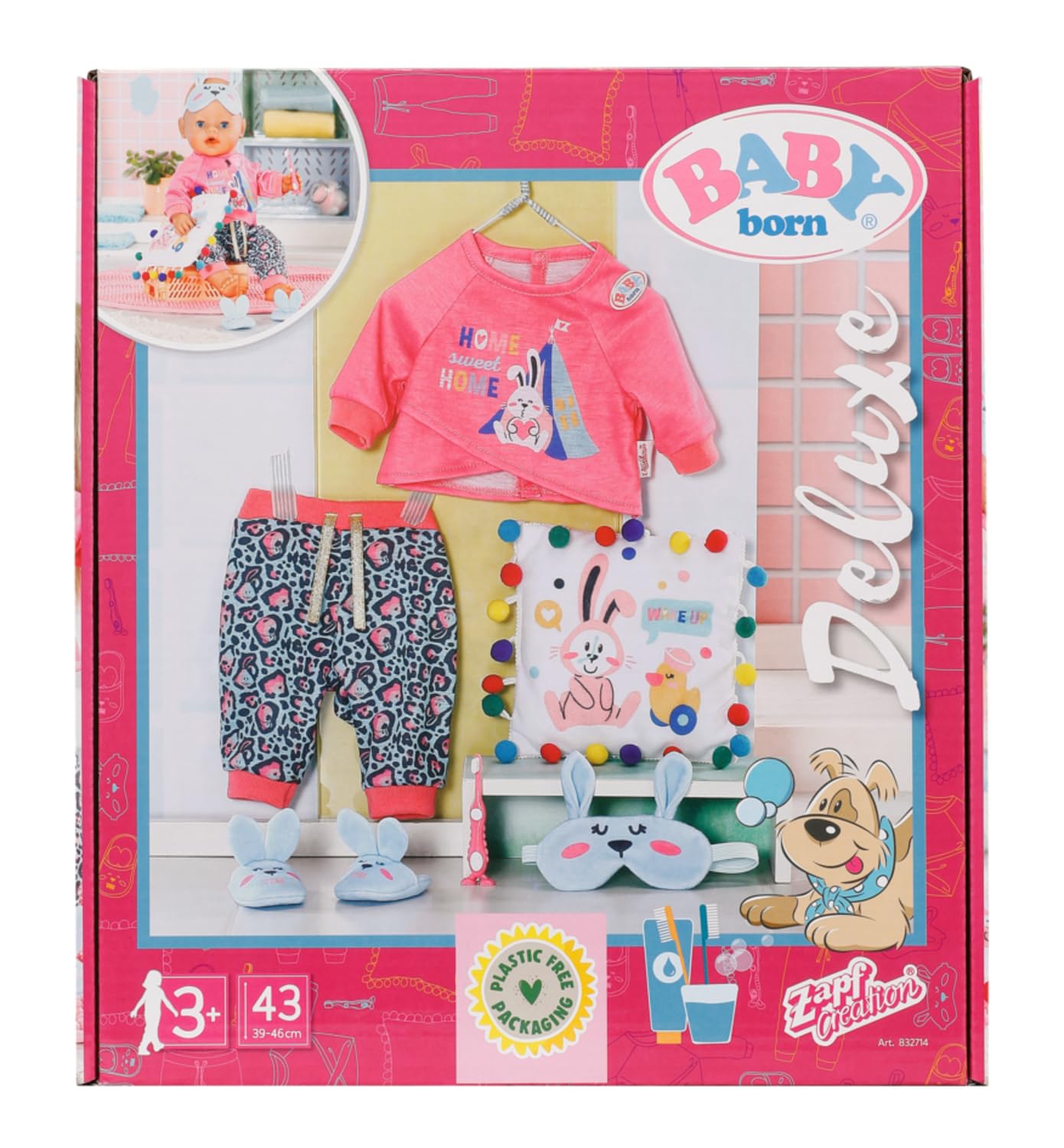 BABY born Bath Deluxe Good Night 832714 - Wysokiej jakości akcesoria odzieżowe dla lalek 43 cm dla małych dzieci - w tym mash, poduszkę i szczoteczkę do zębów - odpowiednie od 3 lat